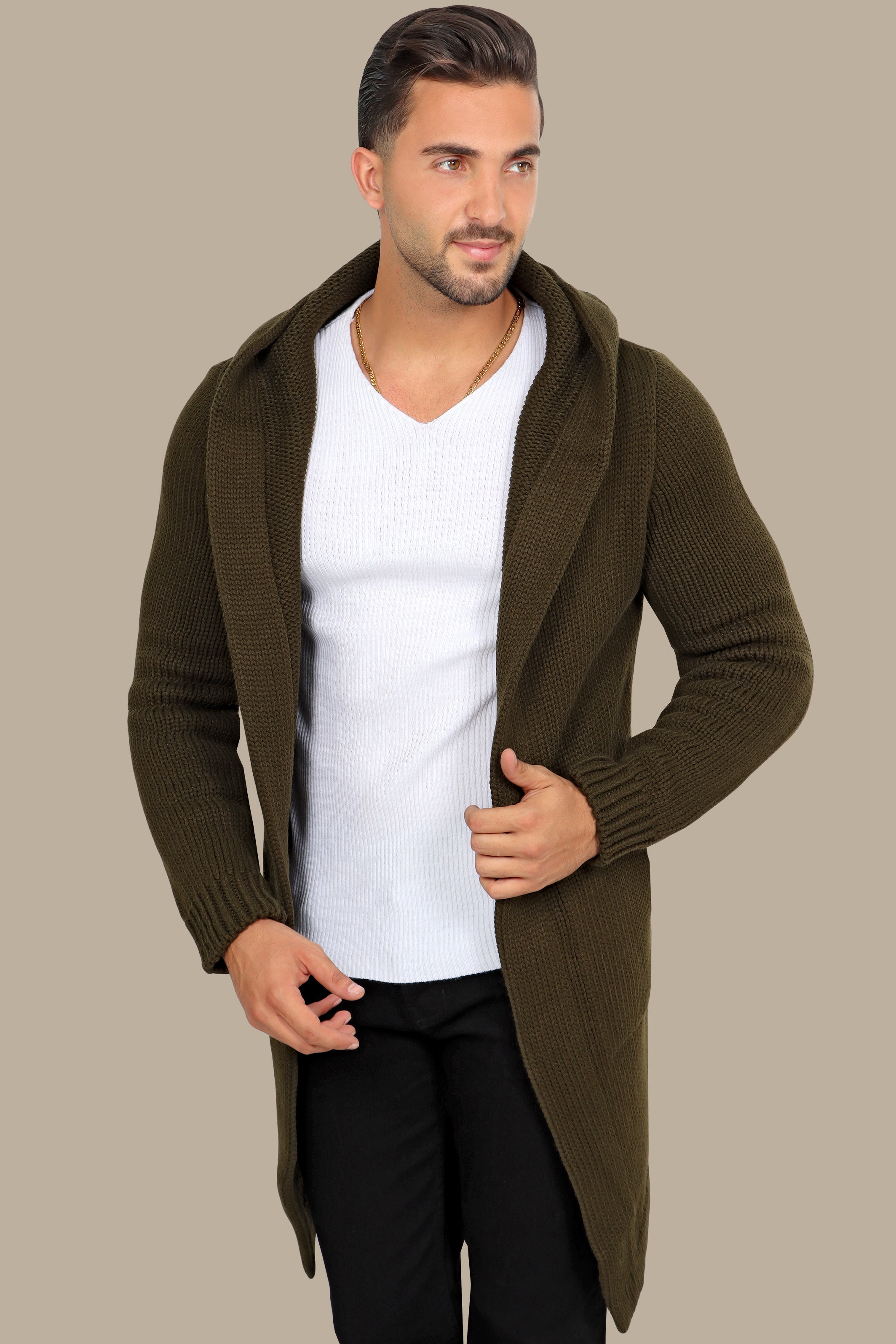 Chic Comfort: Khaki Mercerized Cotton Cardigan with Hat