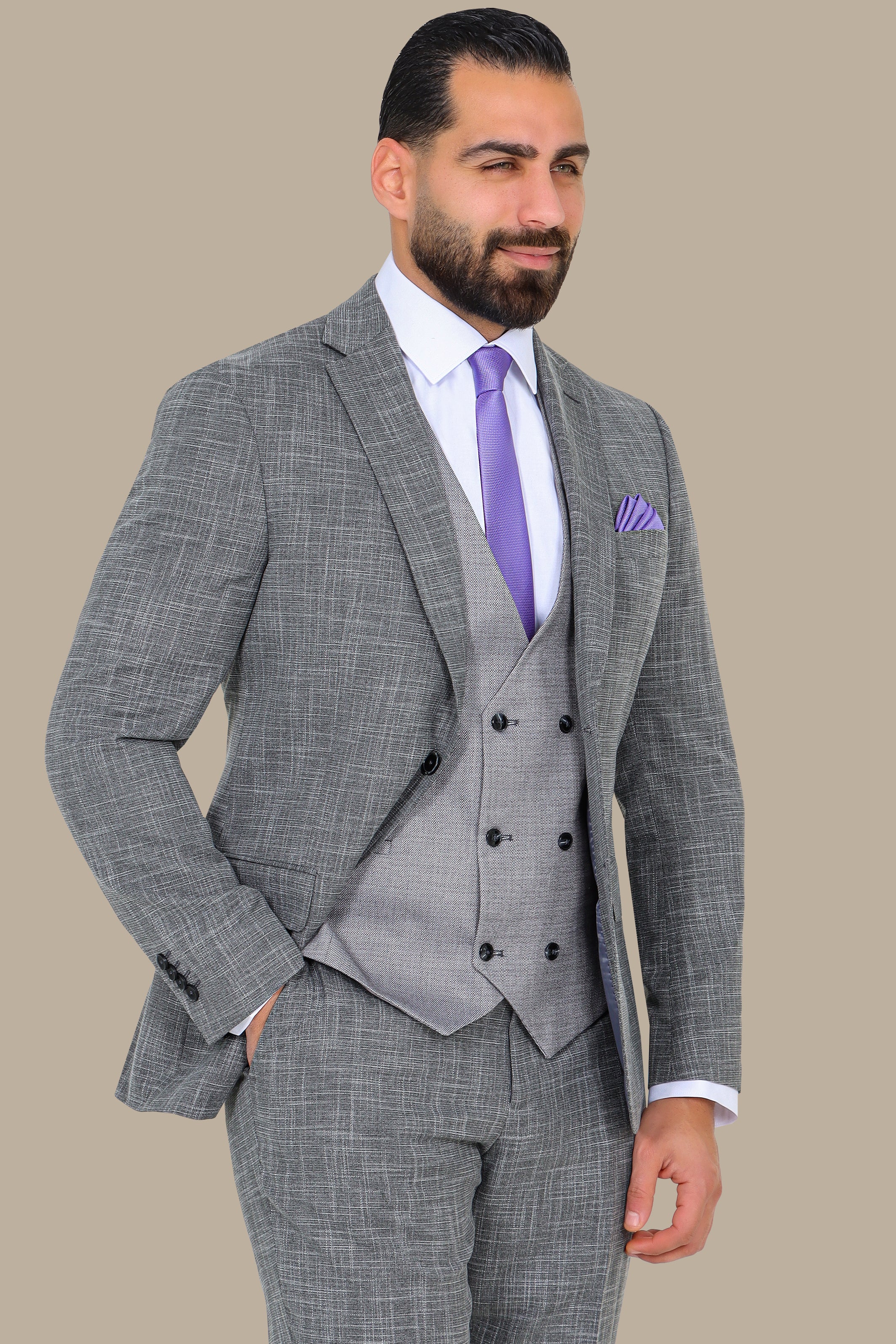 Grey Suit Fil a Fil with Notch Lapel