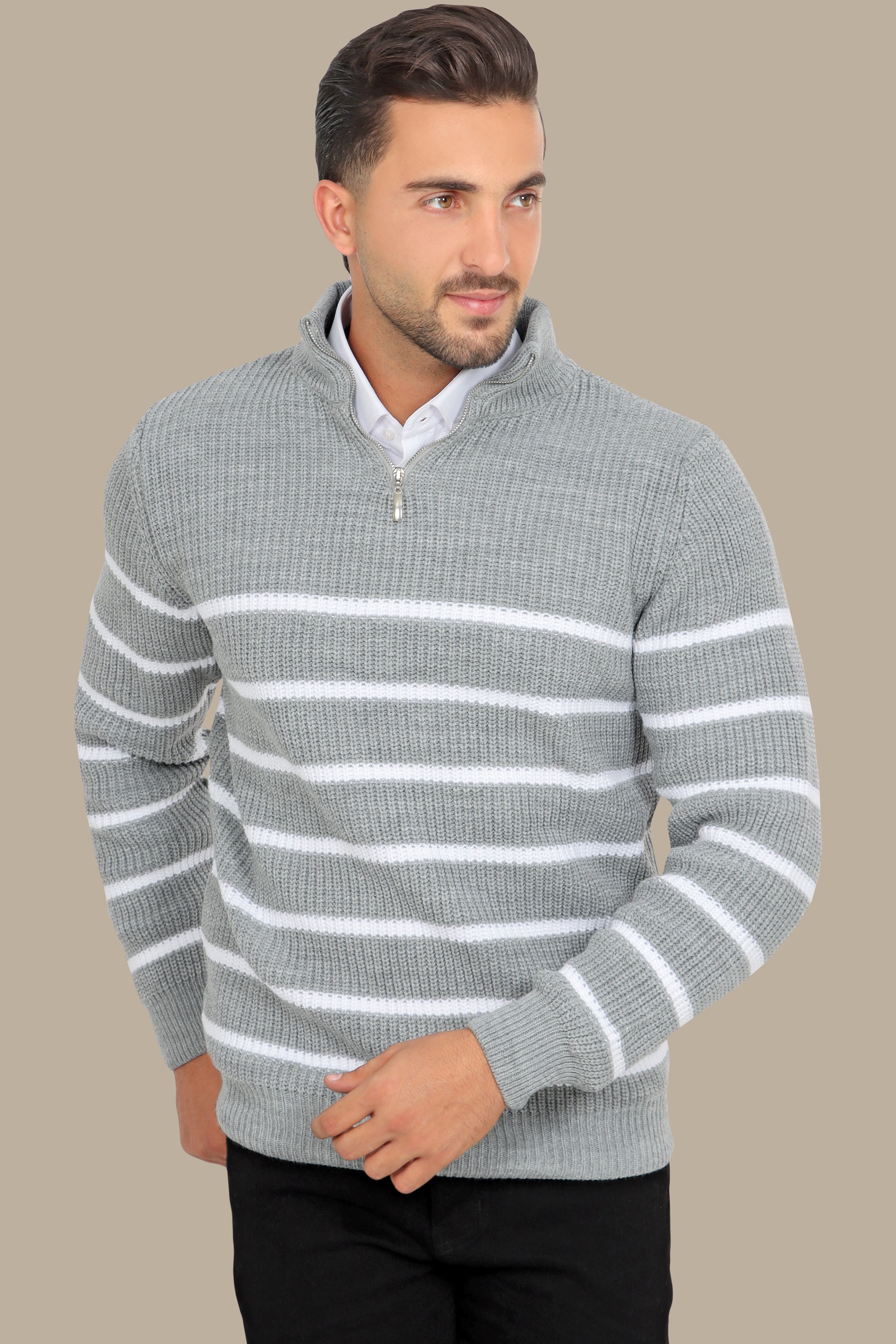 Grey Half-Zip Mercerized Sweater with Subtle Stripes