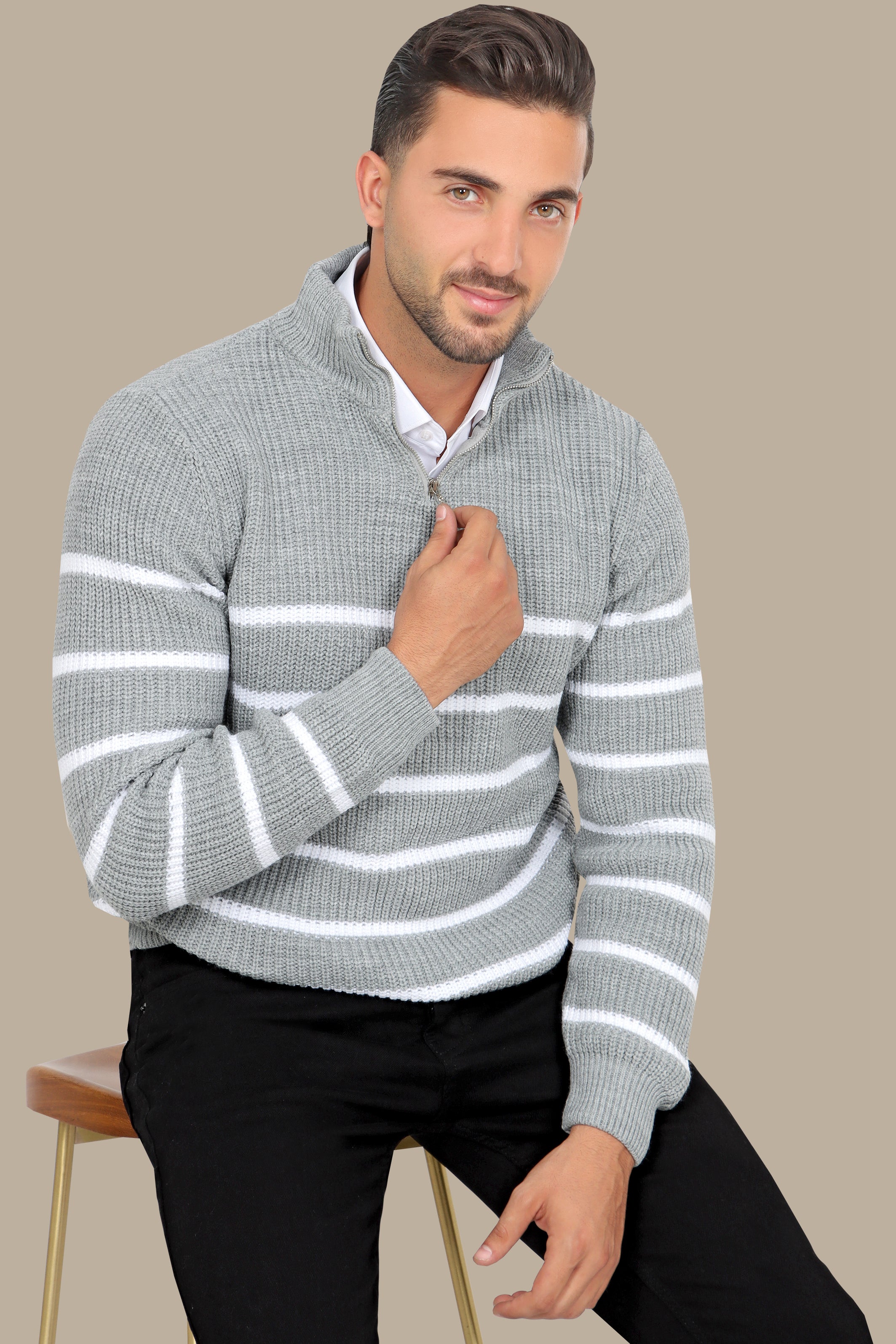 Grey Half-Zip Mercerized Sweater with Subtle Stripes