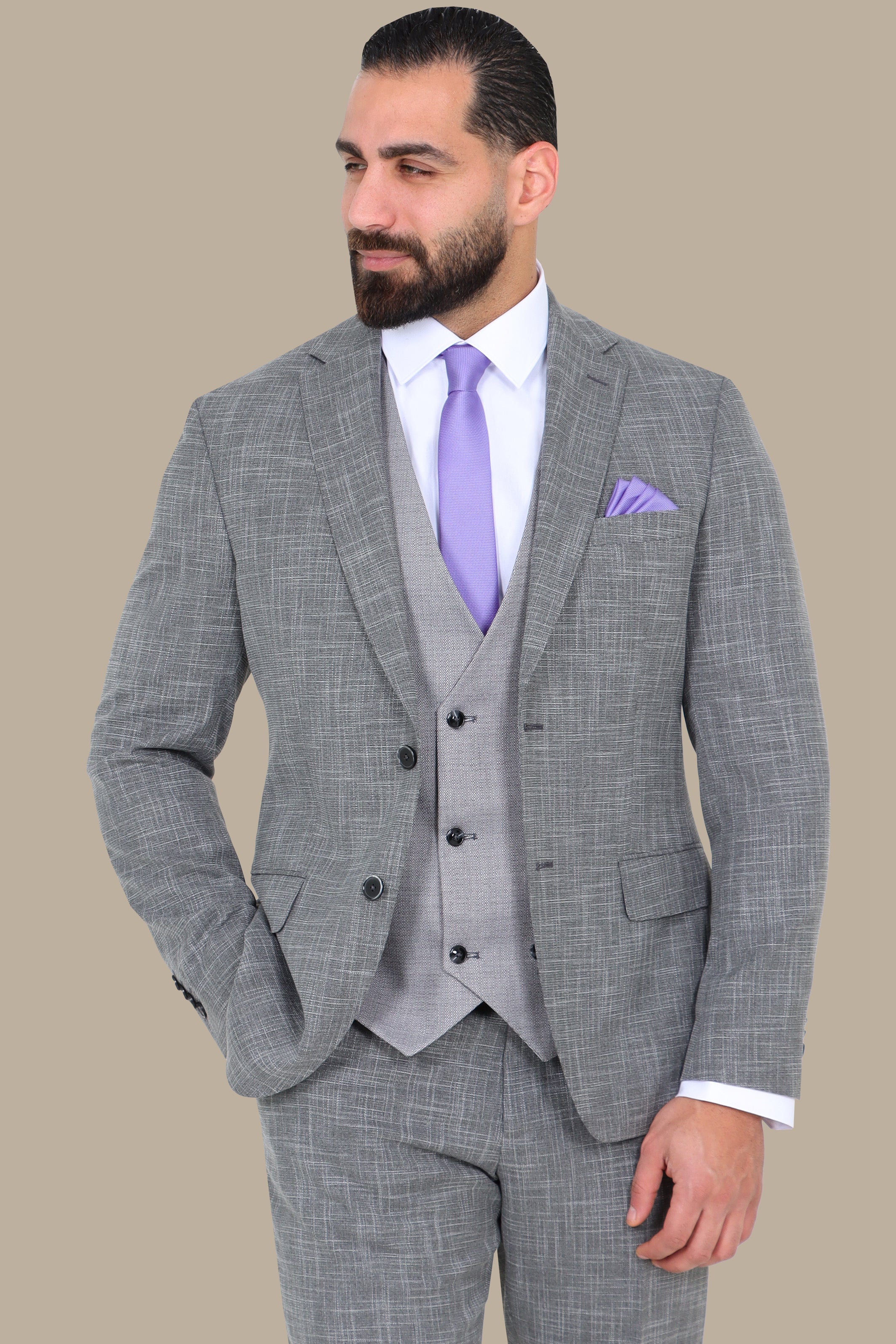 Grey Suit Fil a Fil with Notch Lapel