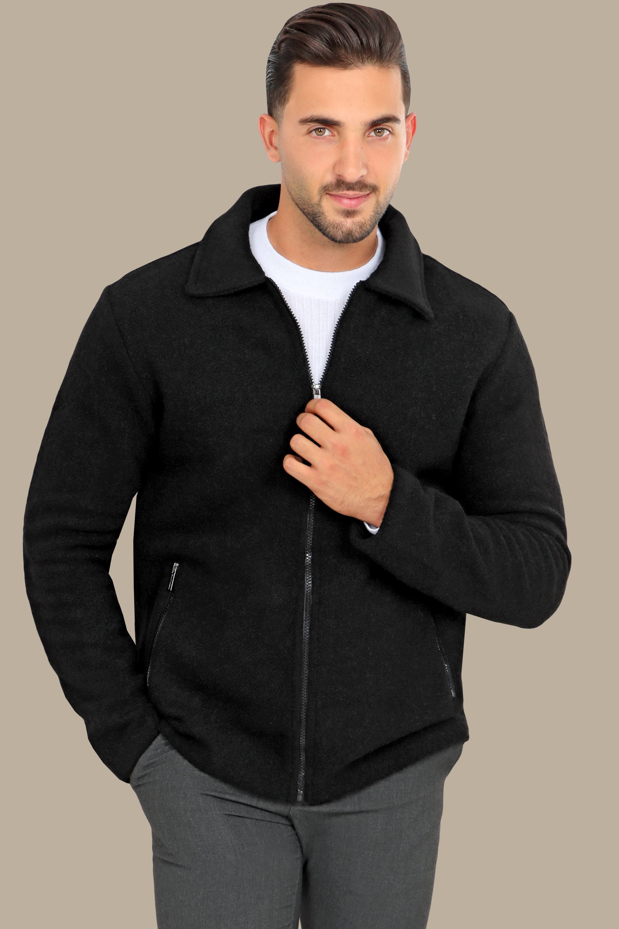 Black Wool Jacket with Zipper – Timeless & Refined