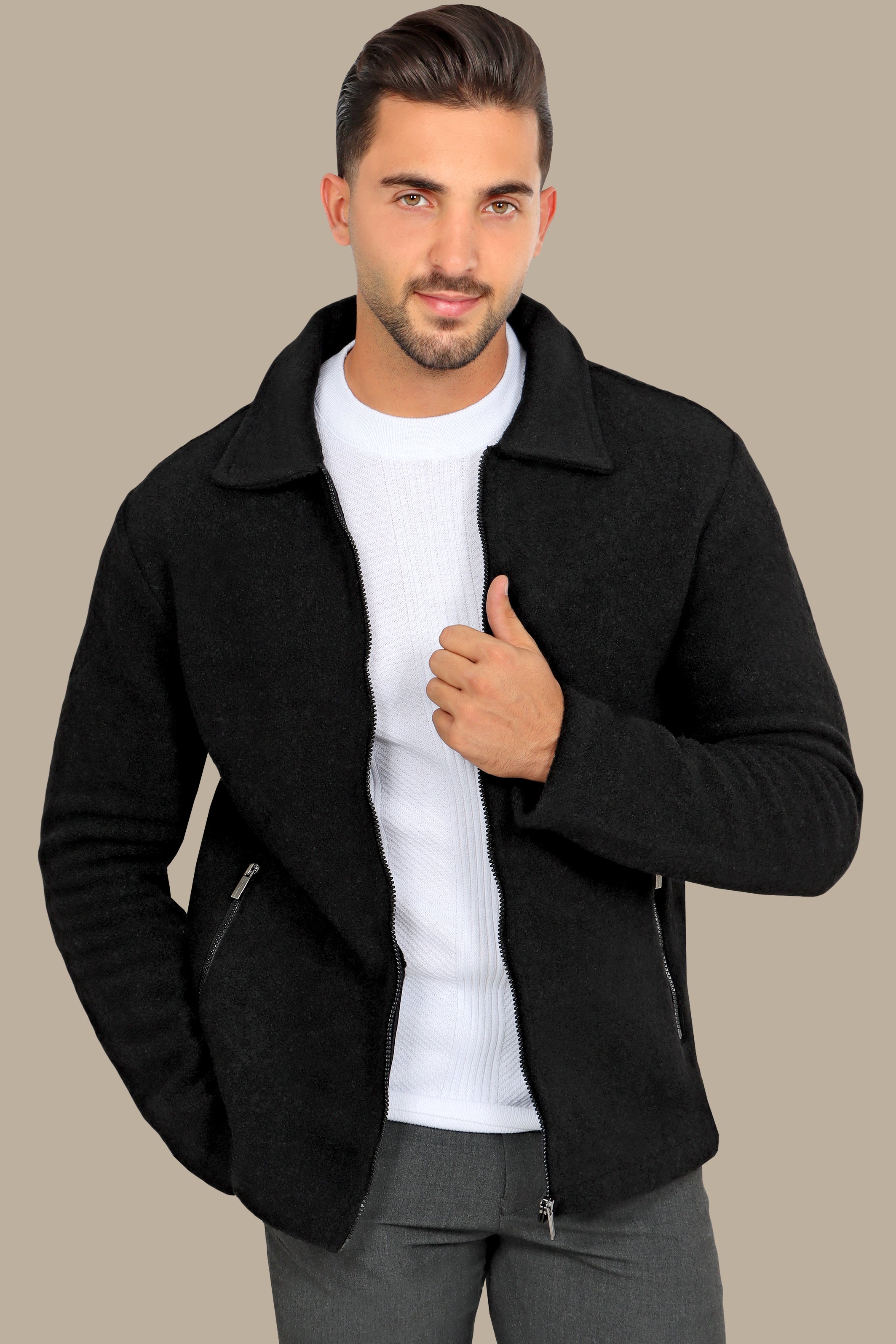 Black Wool Jacket with Zipper – Timeless & Refined