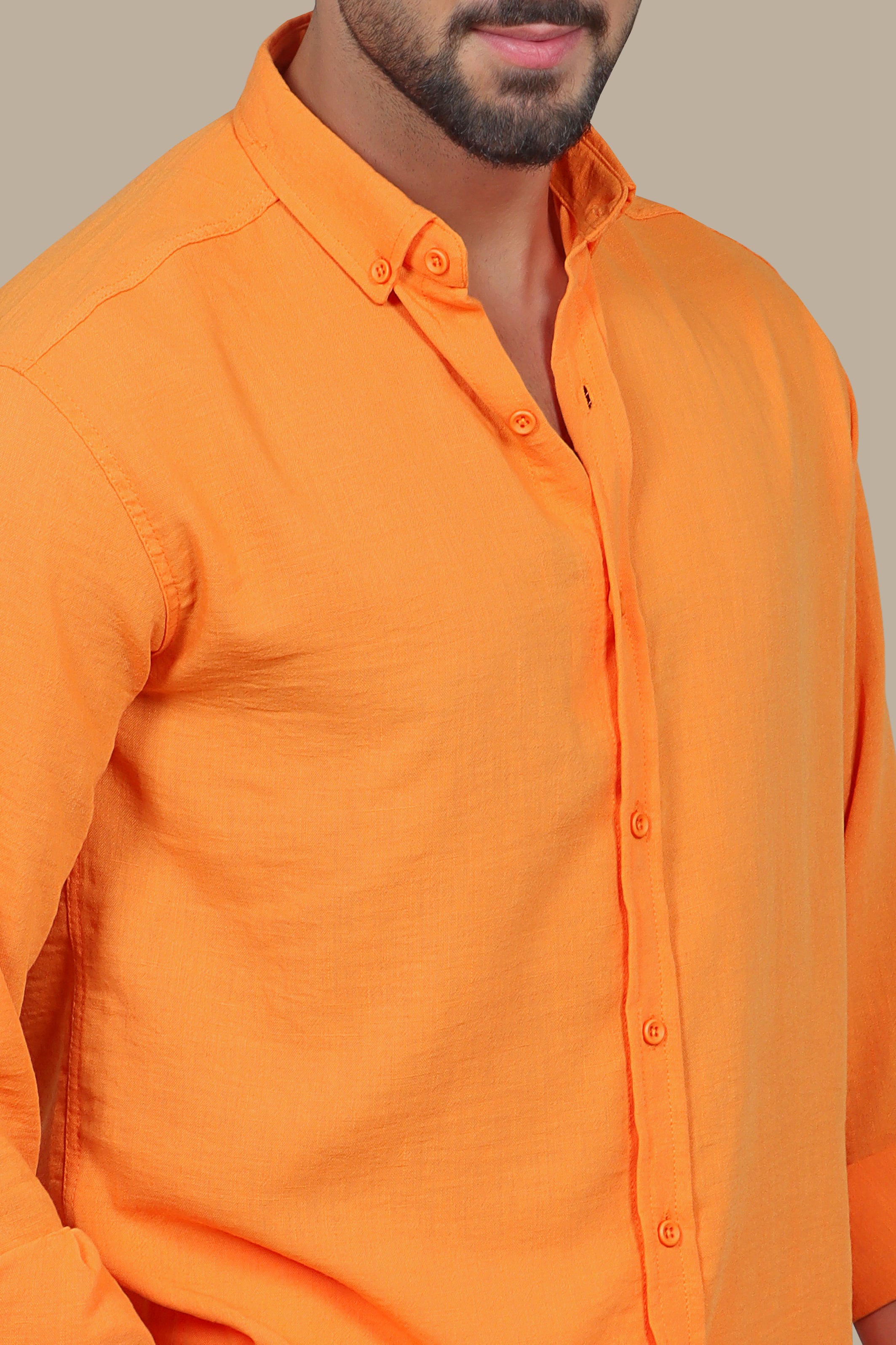 Orange Plain Button Down Linen Shirt