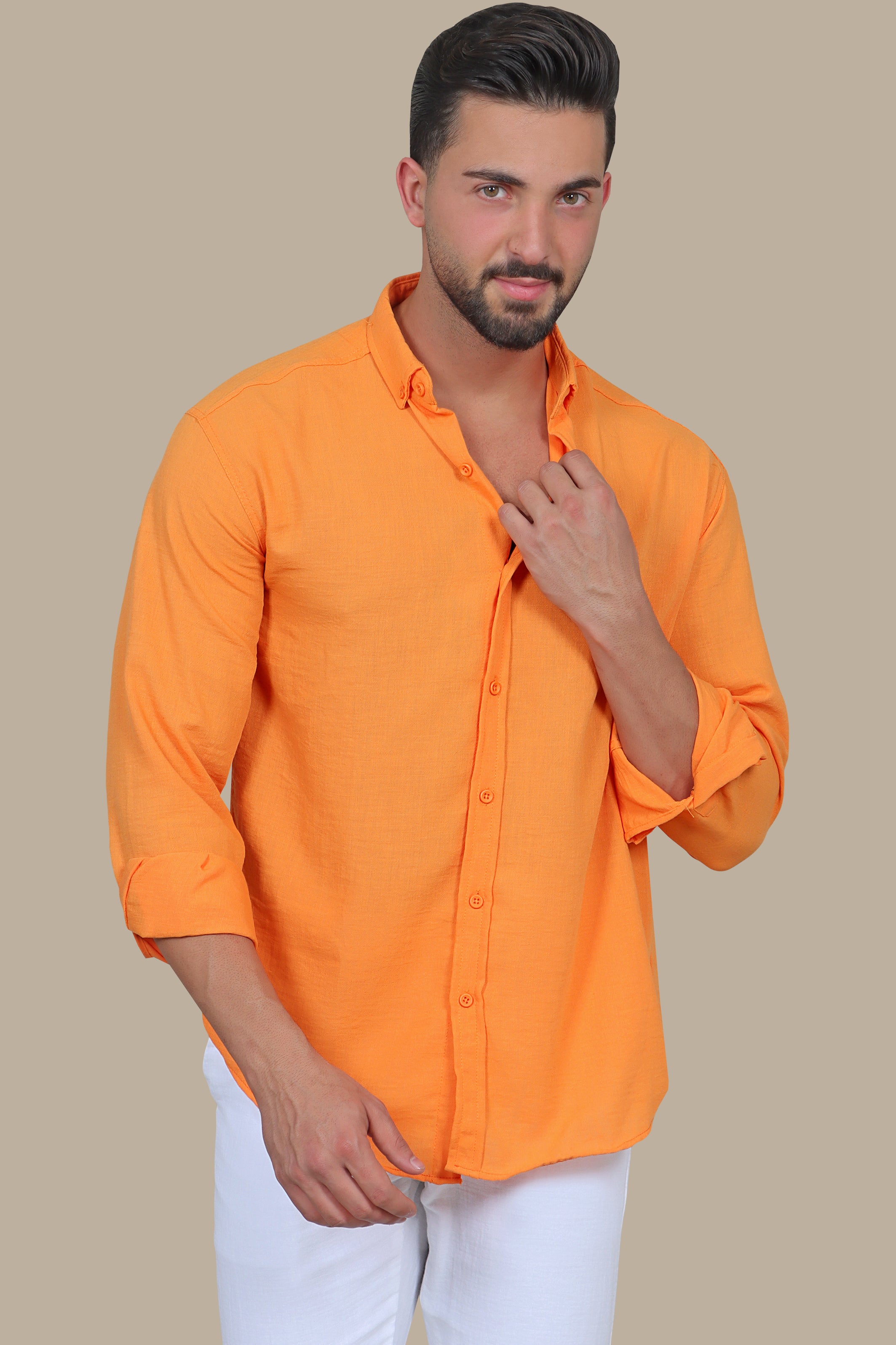 Orange Plain Button Down Linen Shirt