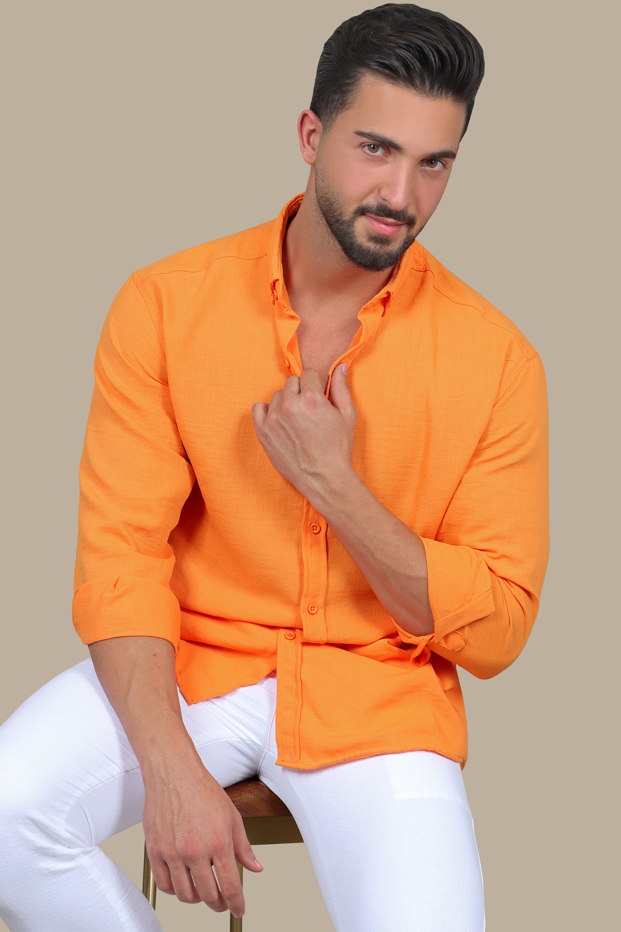 Orange Plain Button Down Linen Shirt