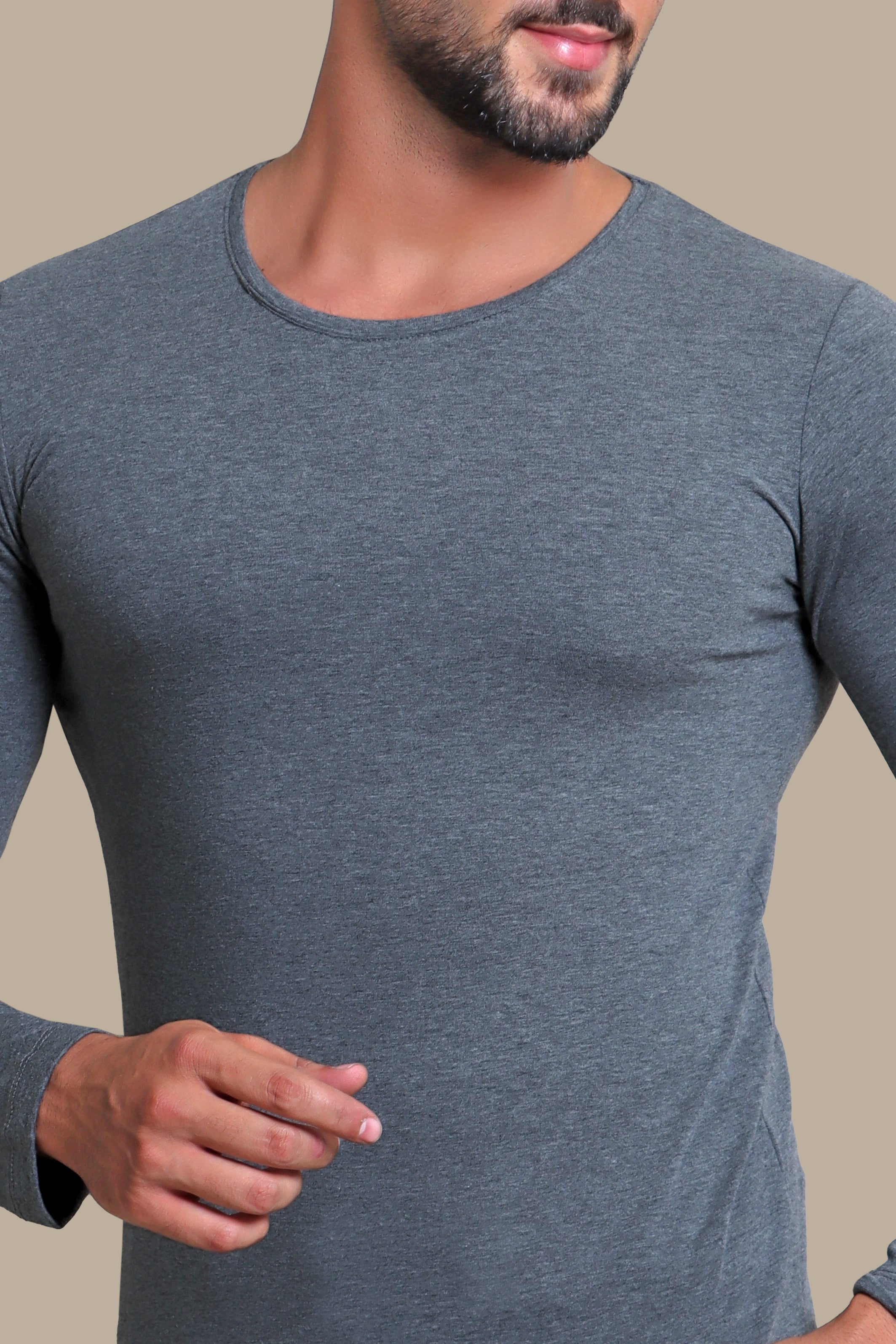 Essential Charcoal: Dark Grey Long Sleeve Basic Round Neck T-Shirt