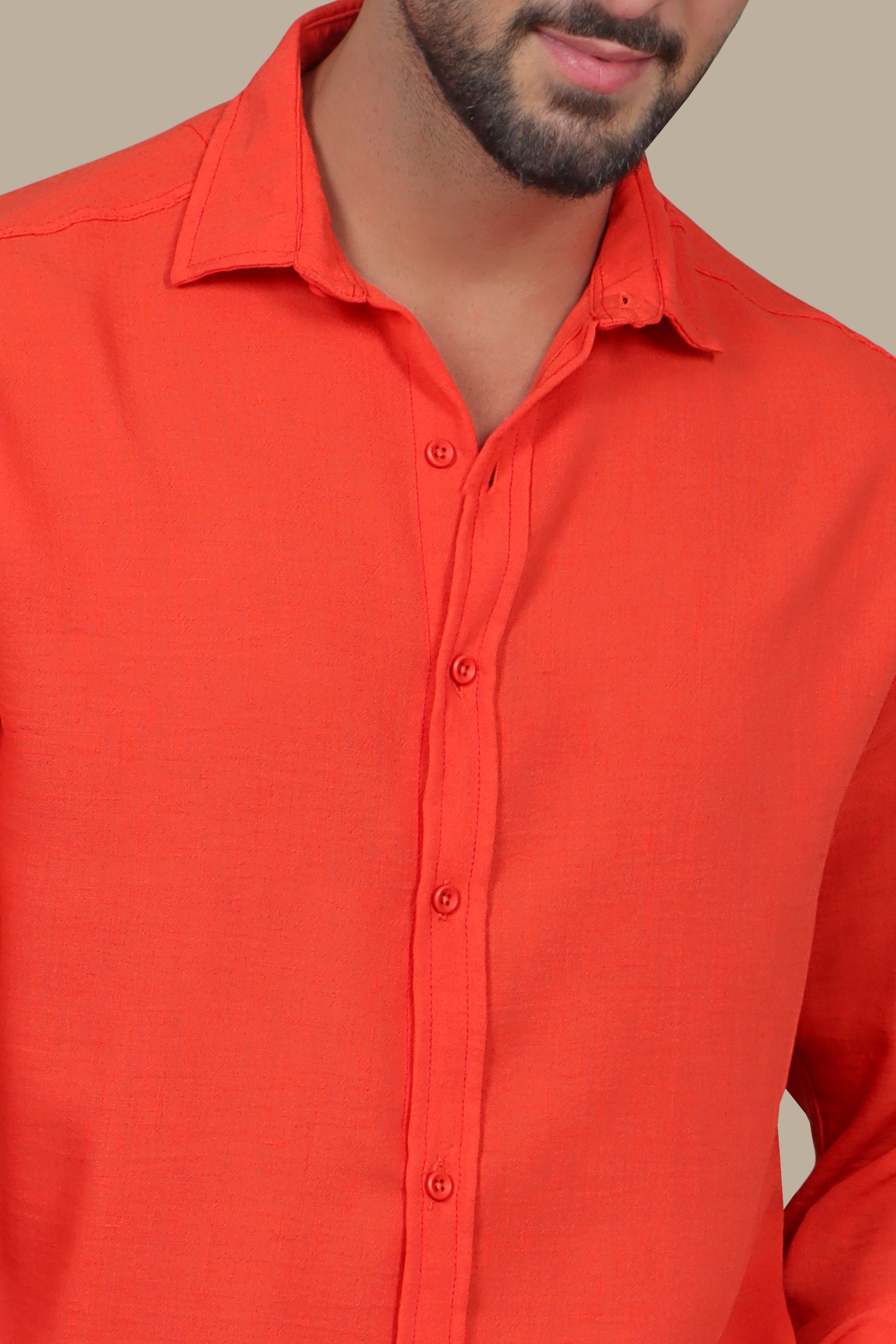 Coral Comfort: Long Sleeve Plain Linen Shirt