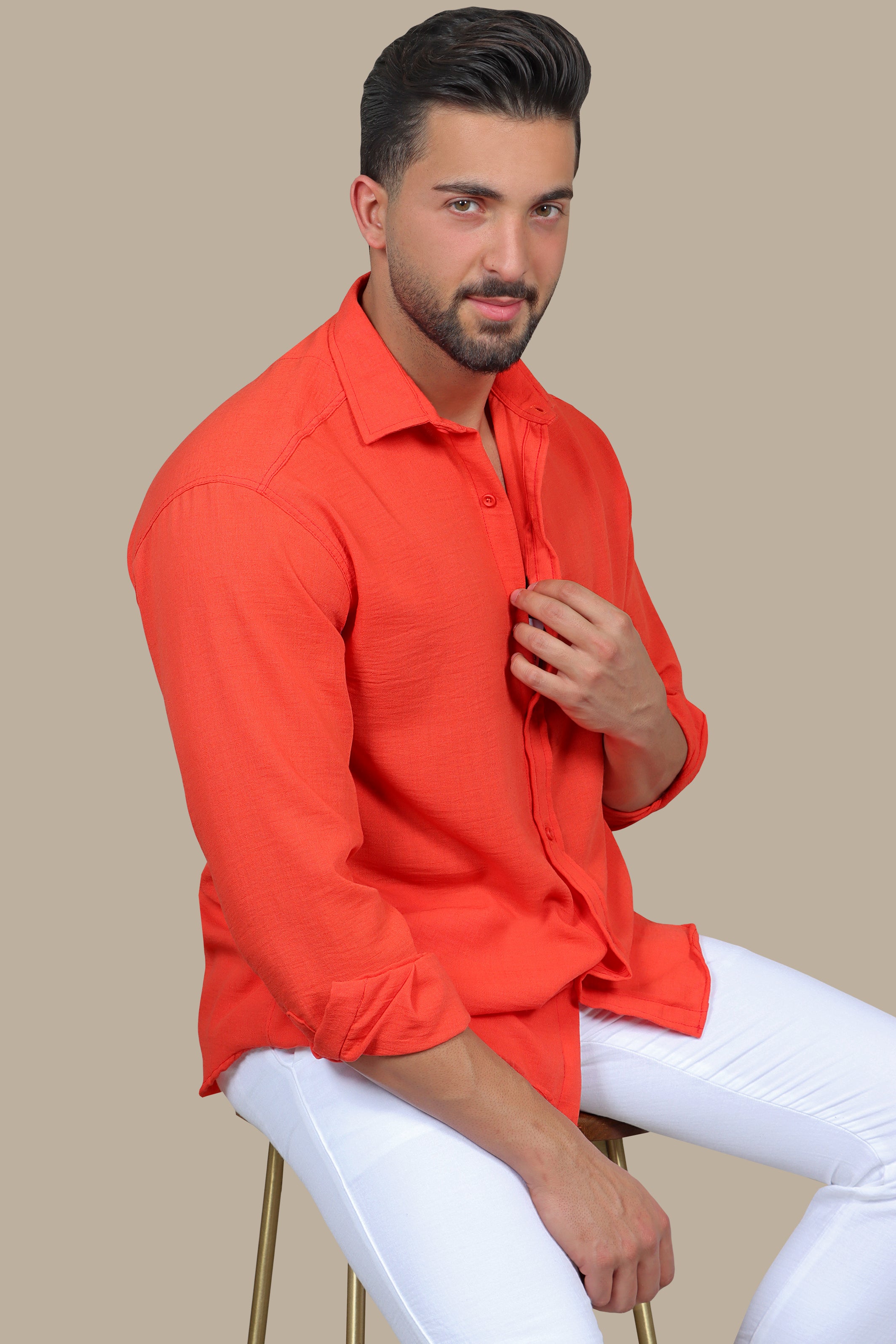 Coral Comfort: Long Sleeve Plain Linen Shirt