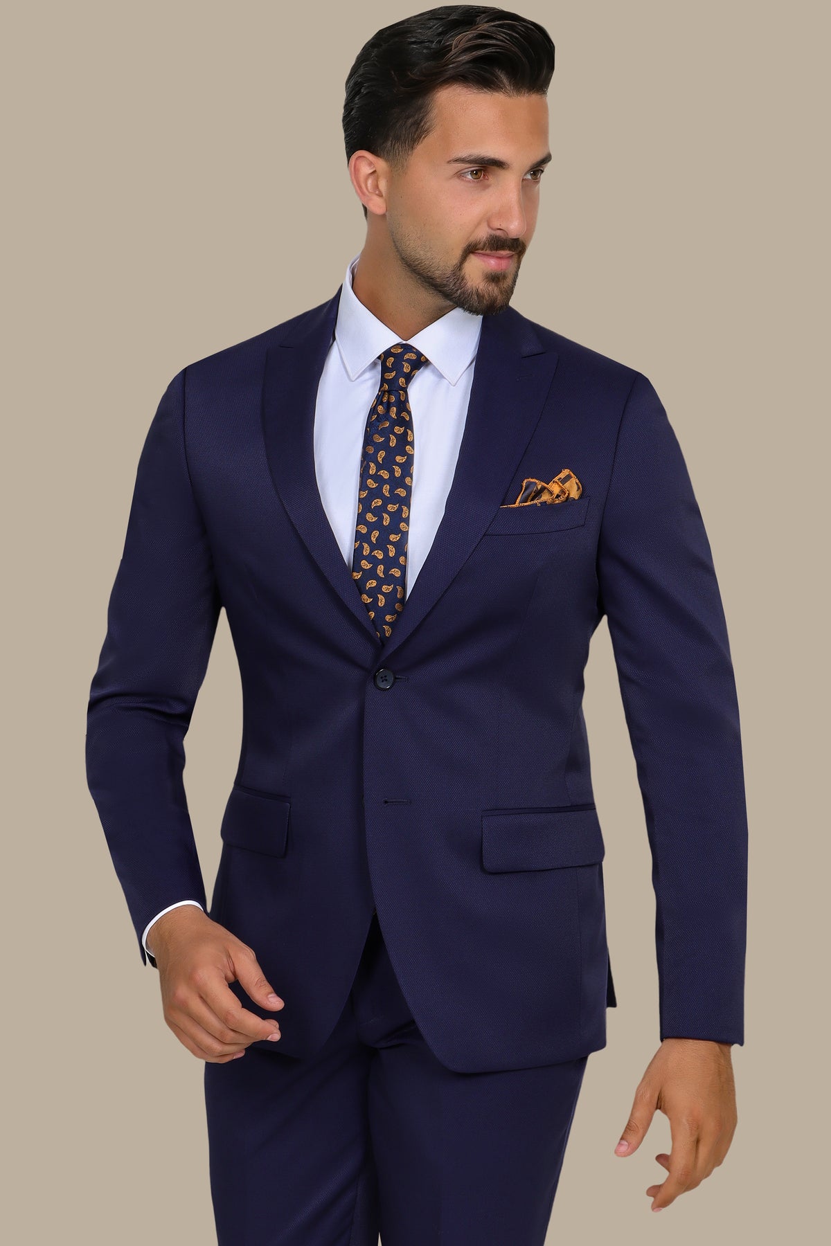 Midnight Texture: Navy Piqué Peak Lapel Suit