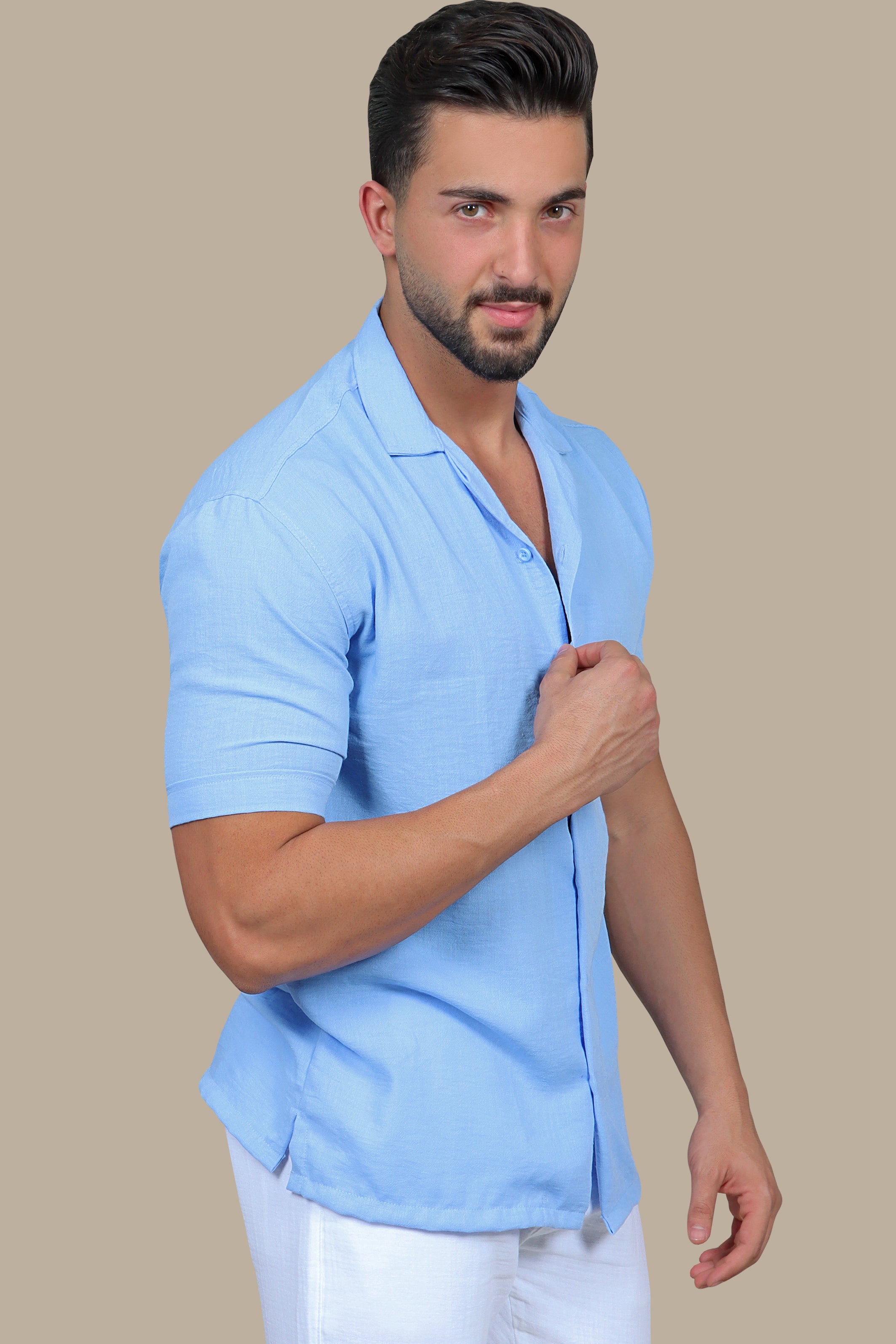 Sky Blue Linen Breeze: Short Sleeve Plain Shirt