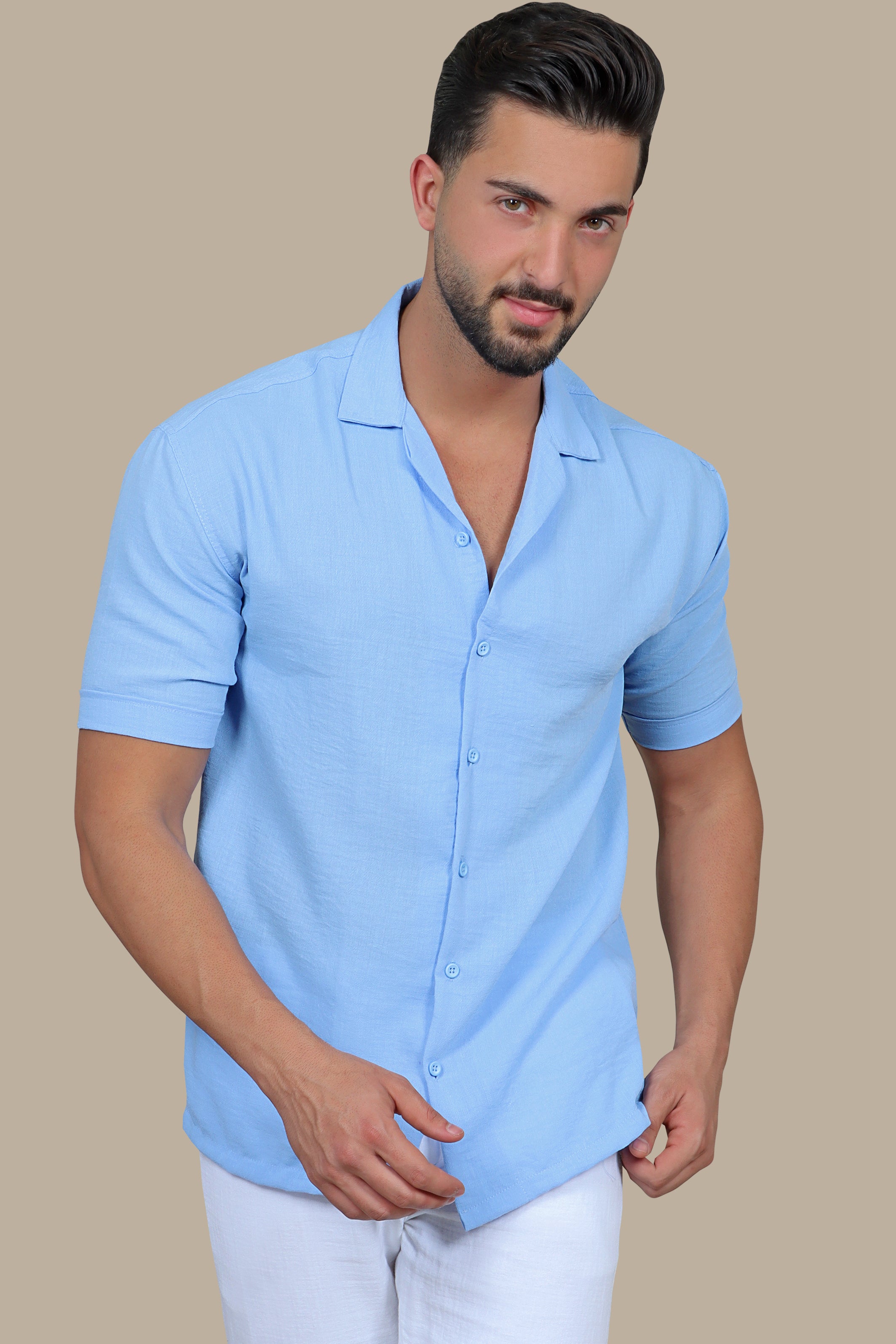 Sky Blue Linen Breeze: Short Sleeve Plain Shirt