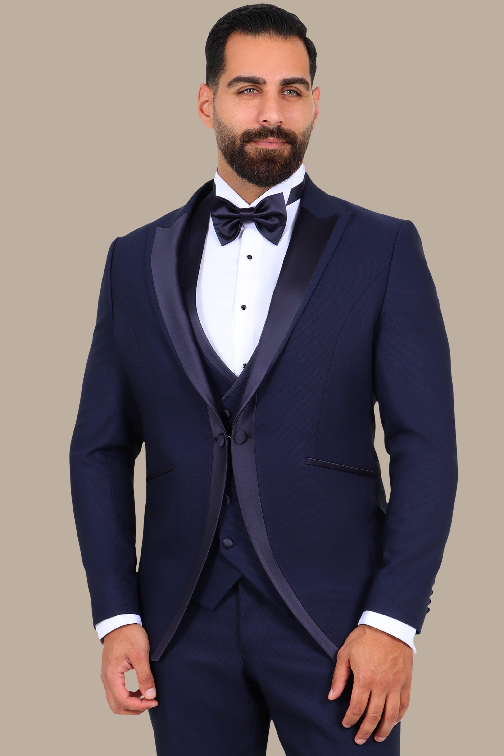 4-Piece Tuxedo Peak Lapel Mid Line Satin Navy