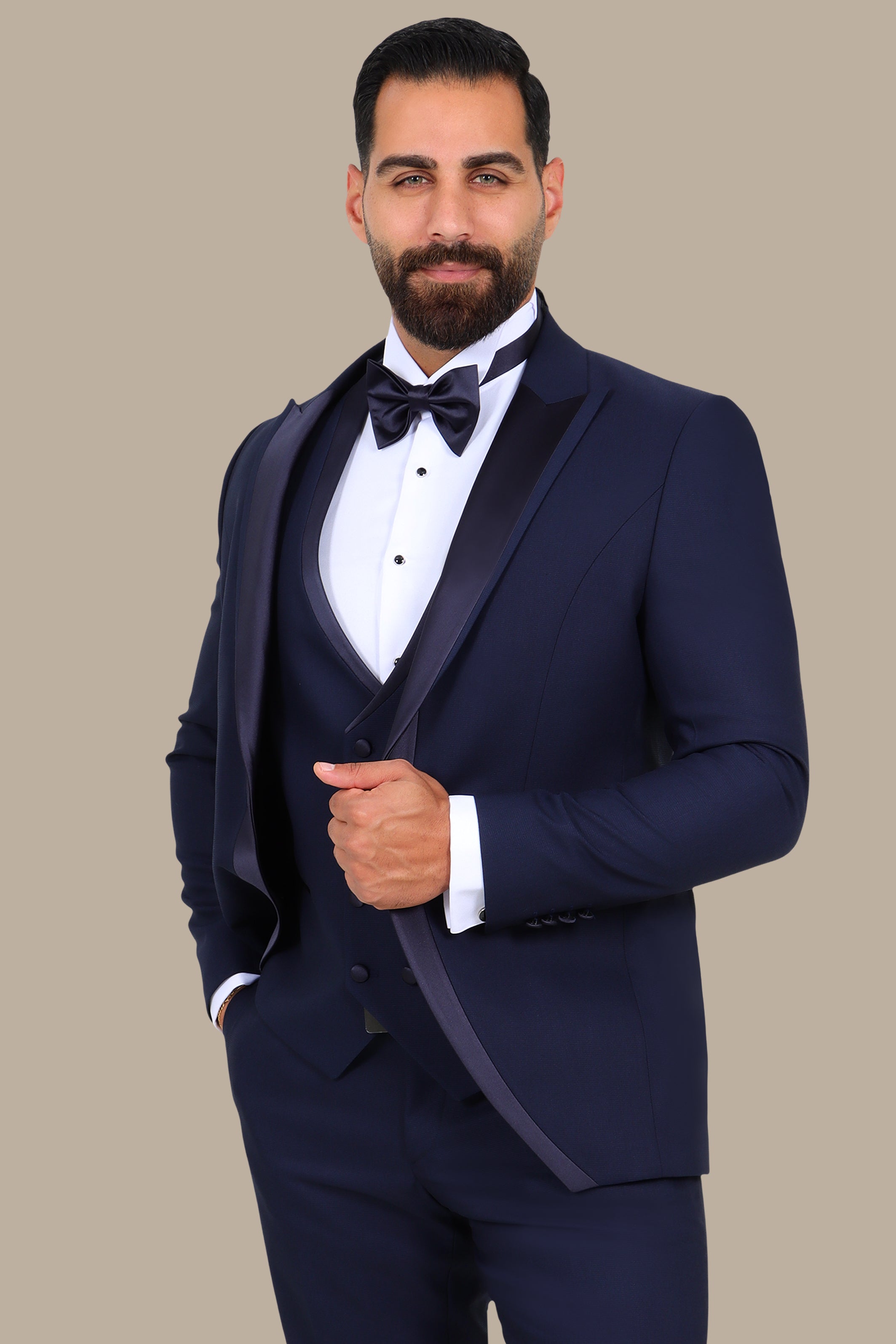 4-Piece Tuxedo Peak Lapel Mid Line Satin Navy