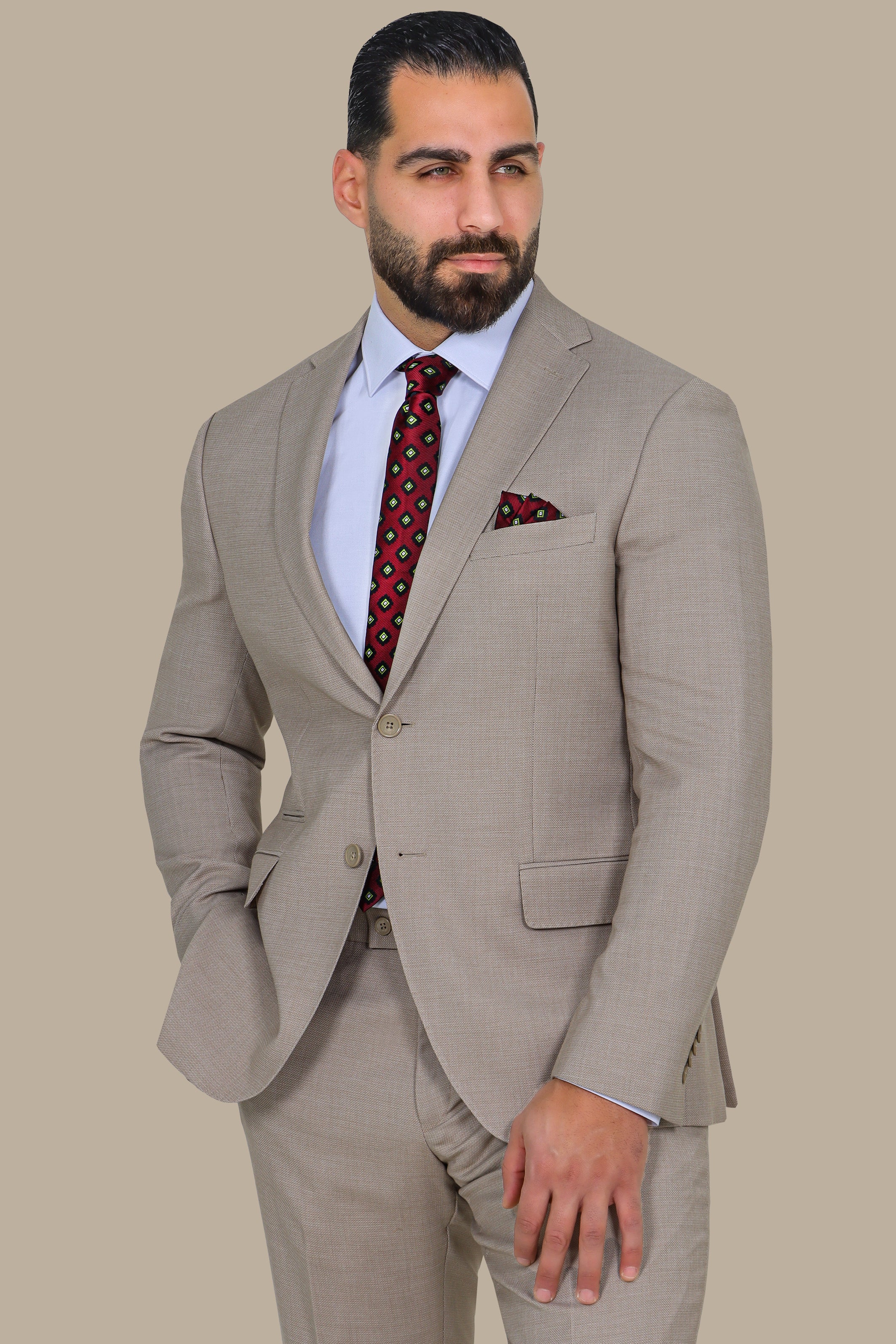 Beige 2 pcs Notch Structure Suit