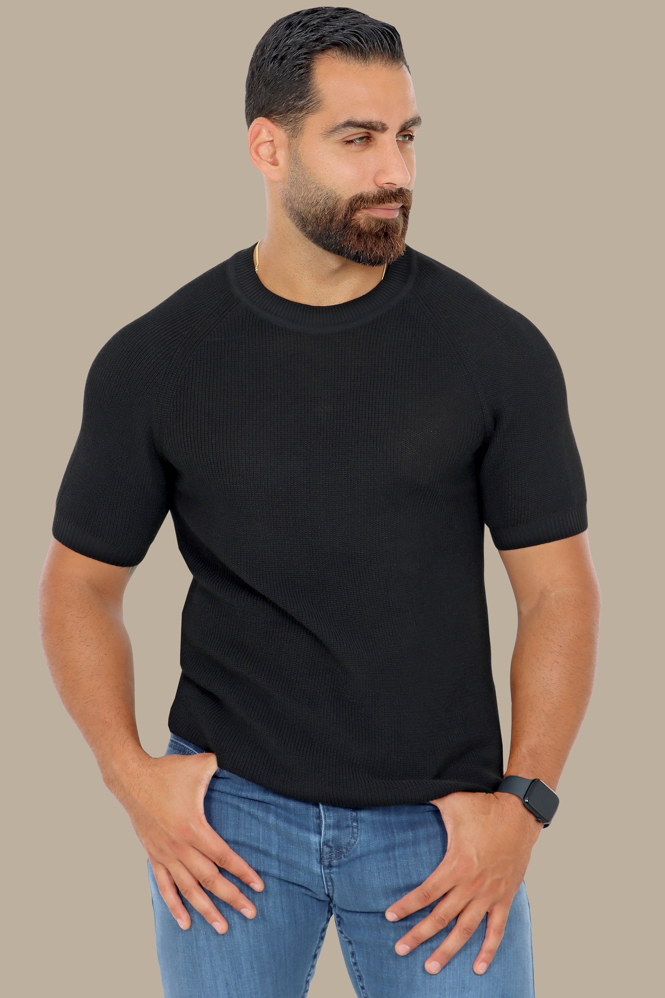 Black Round Neck Knitted T-Shirt