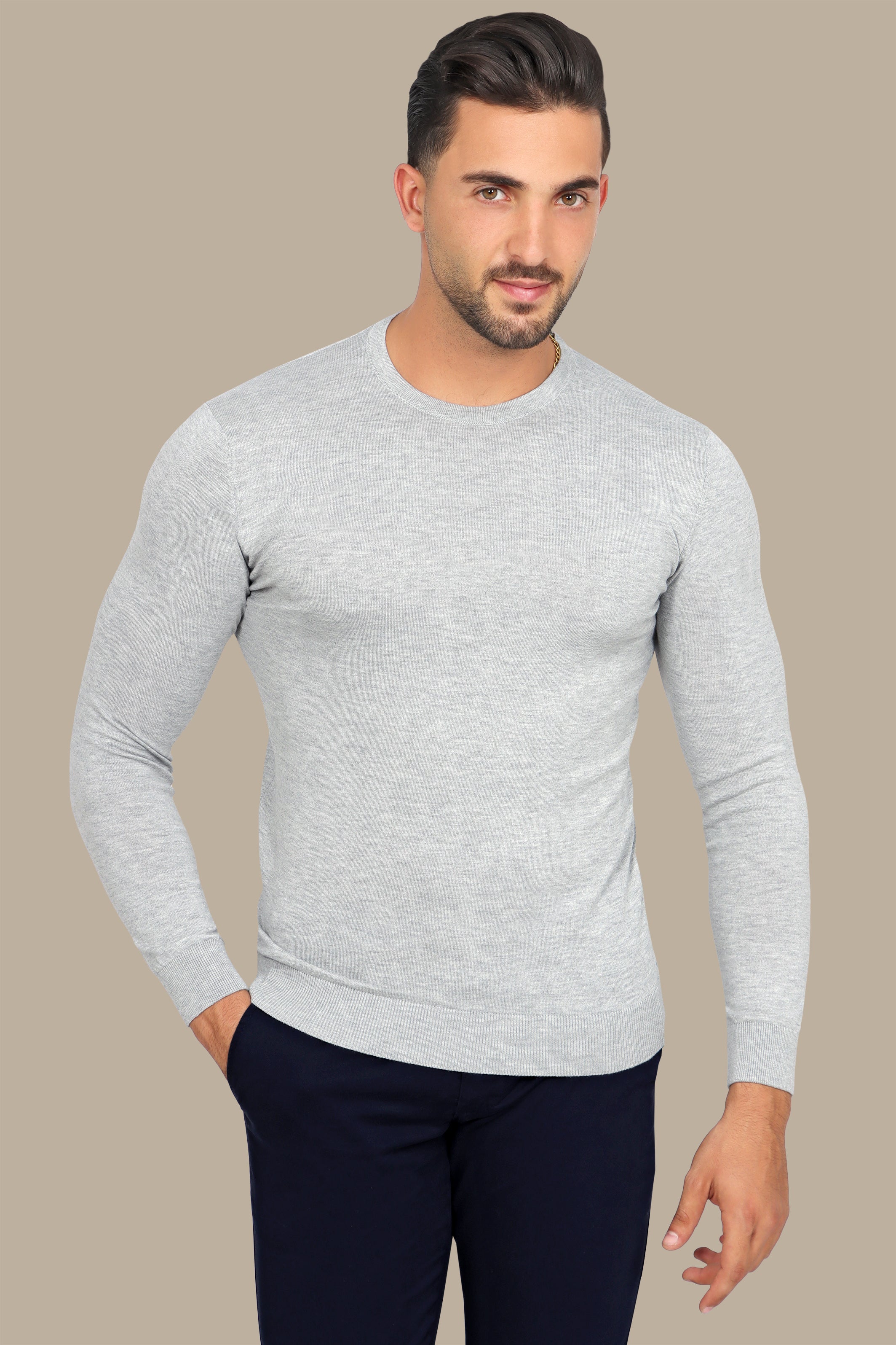 Light Grey R-Neck Basic Sweater