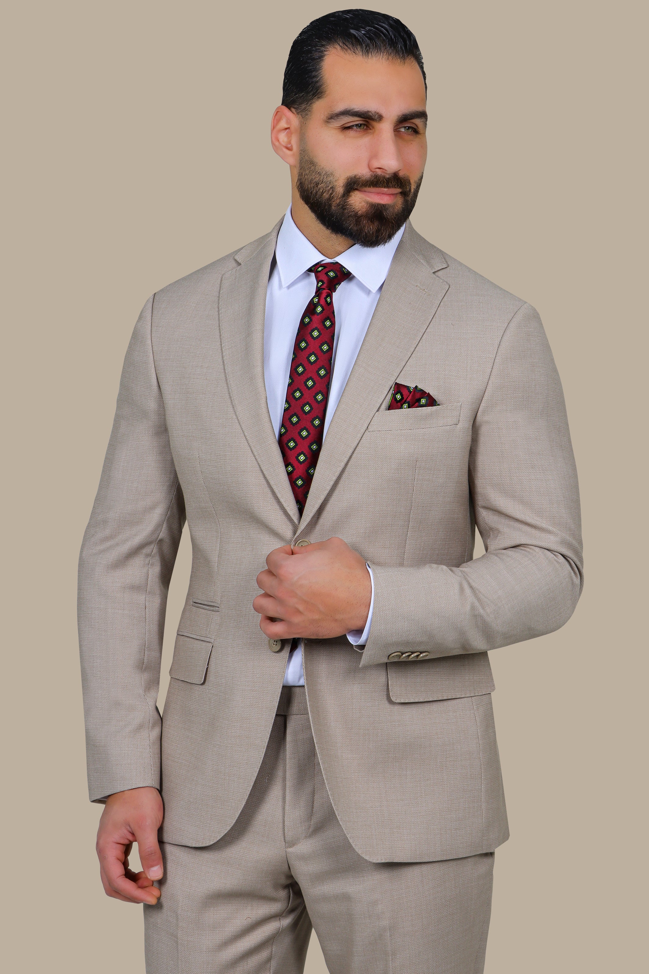 Beige 2 pcs Notch Structure Suit