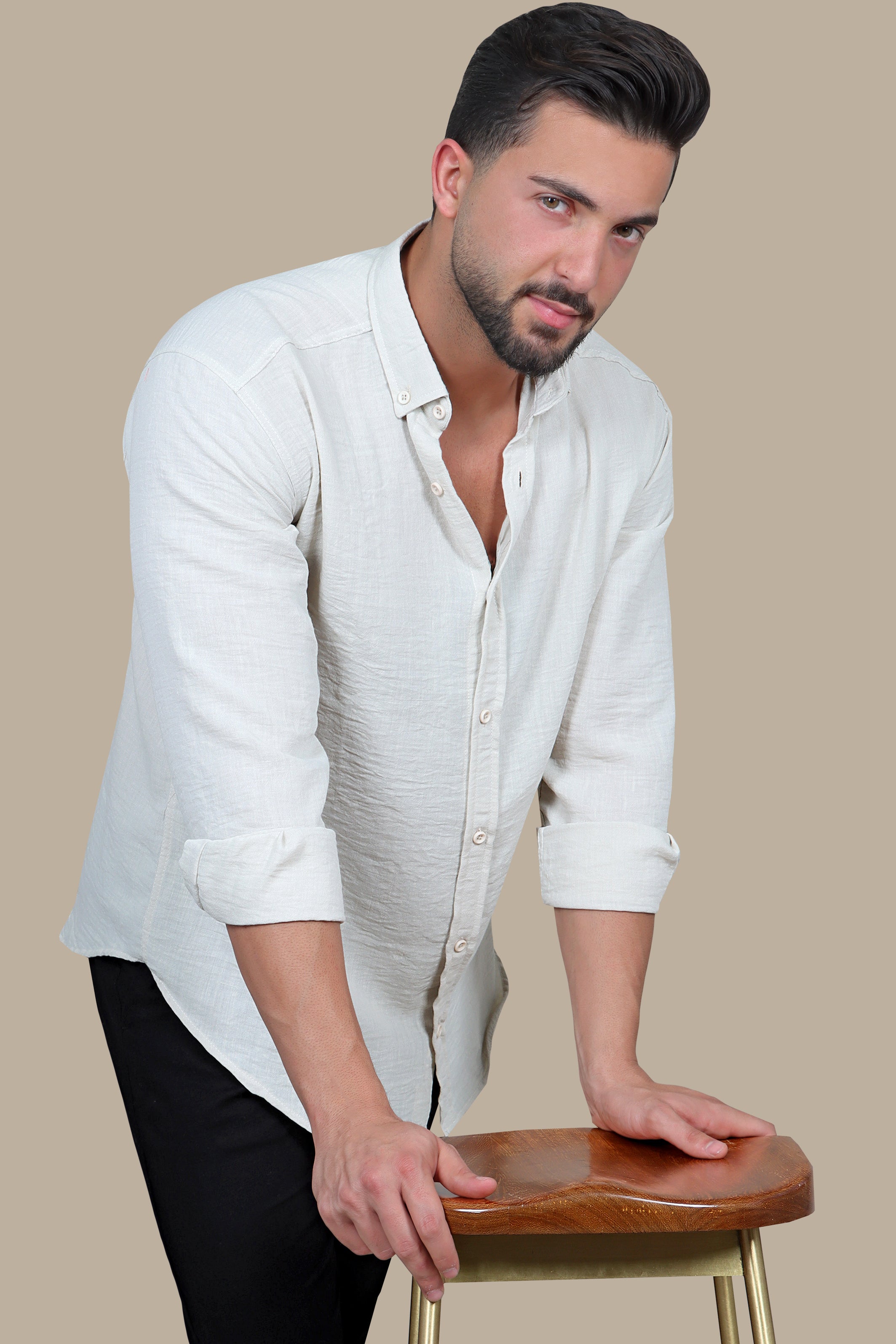 Timeless Elegance: Beige Linen Long Sleeve Button Down