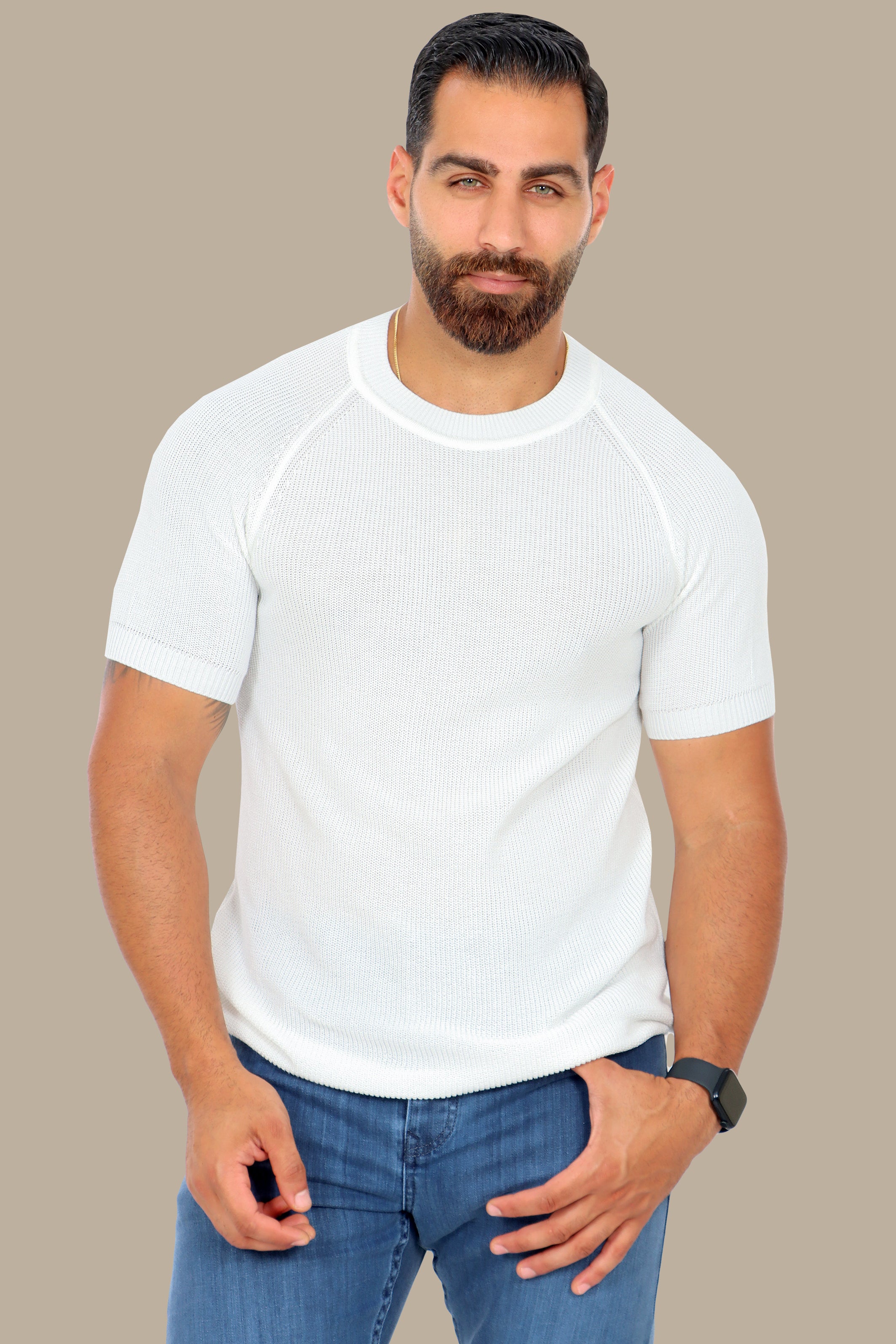 White Round Neck Knitted T-Shirt