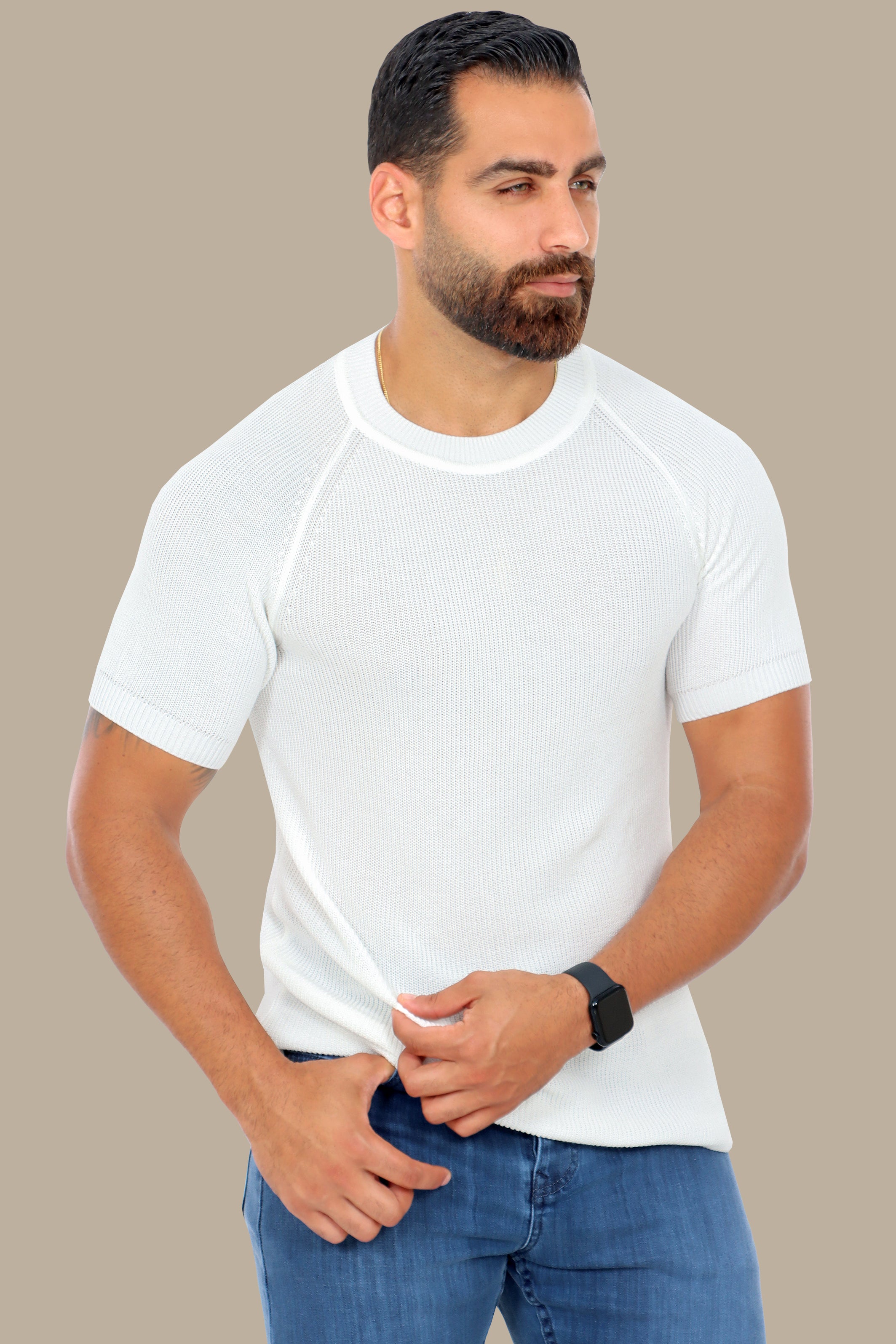 White Round Neck Knitted T-Shirt