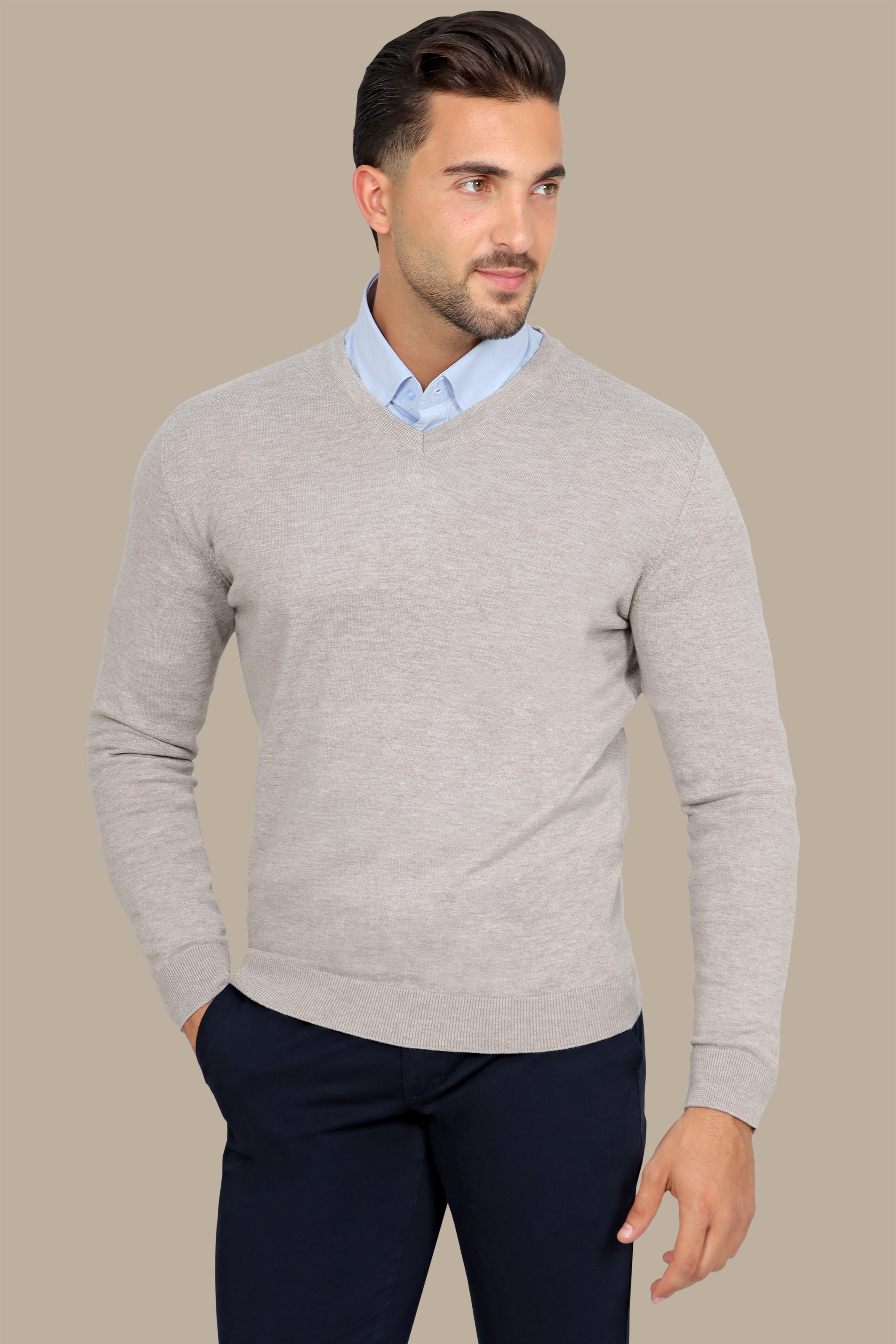 Light Beige Basic V-Neck Sweater