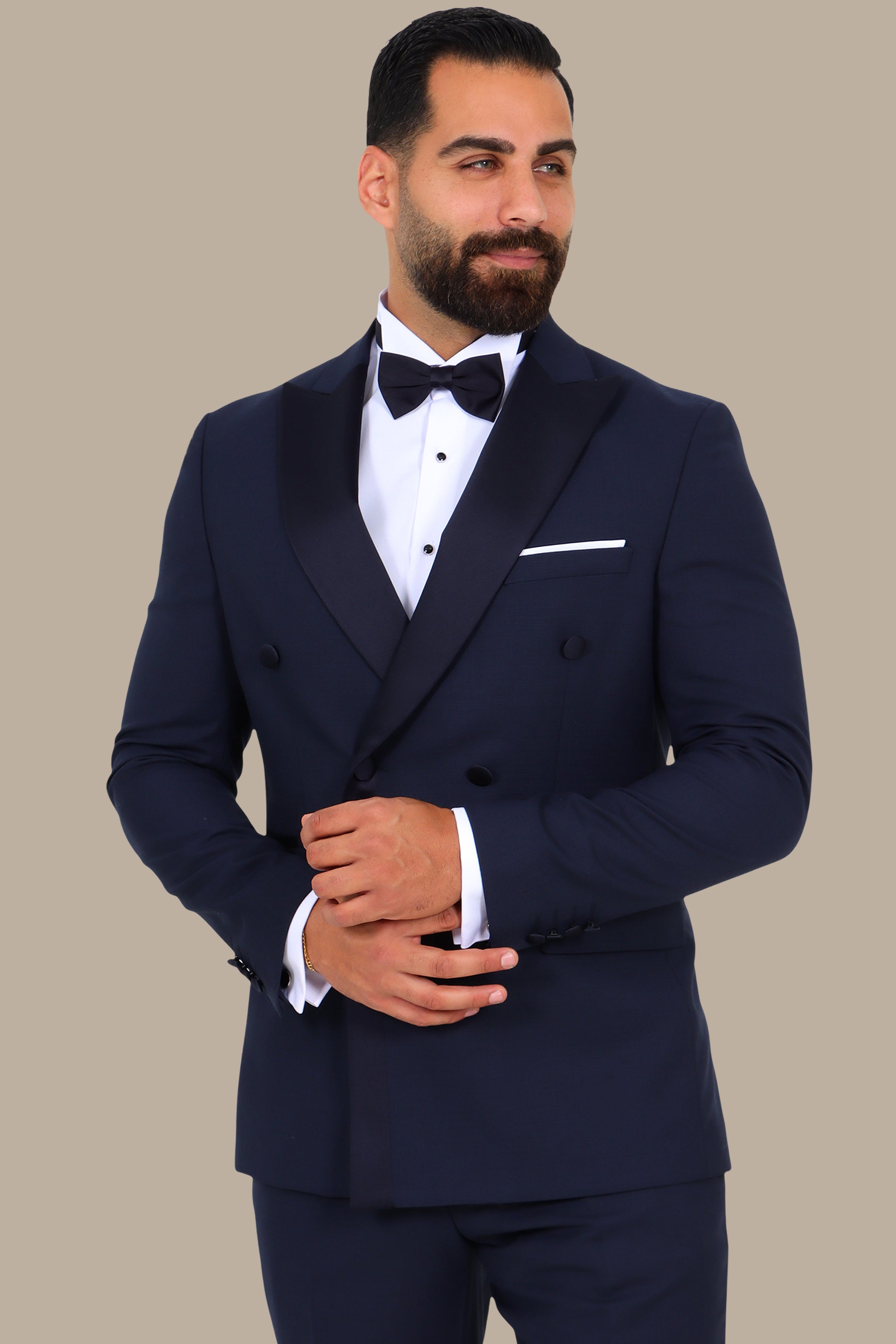 3-Piece Tuxedo Double-Breasted 6-Button Peak Lapel Structured Navy