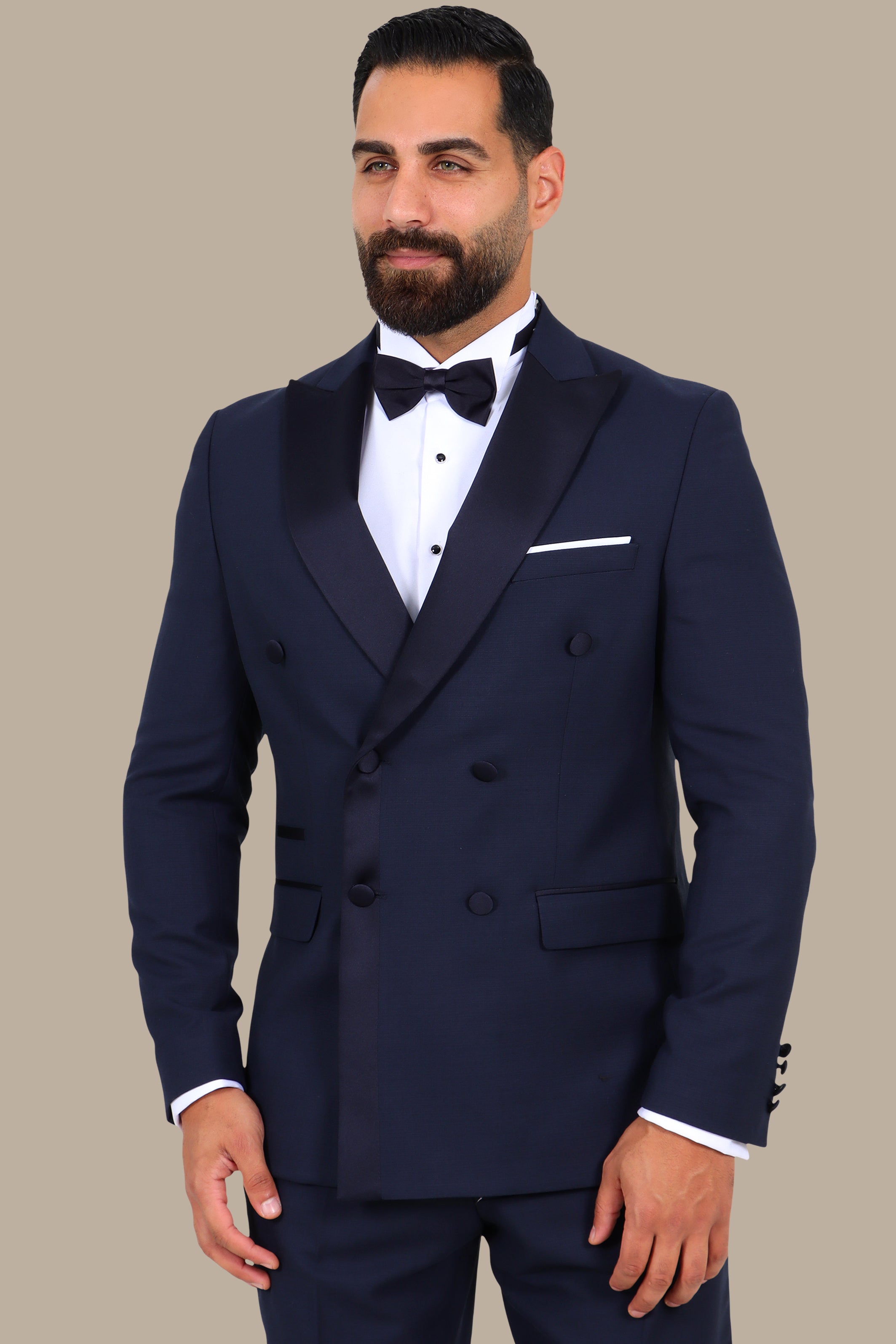 3-Piece Tuxedo Double-Breasted 6-Button Peak Lapel Structured Navy
