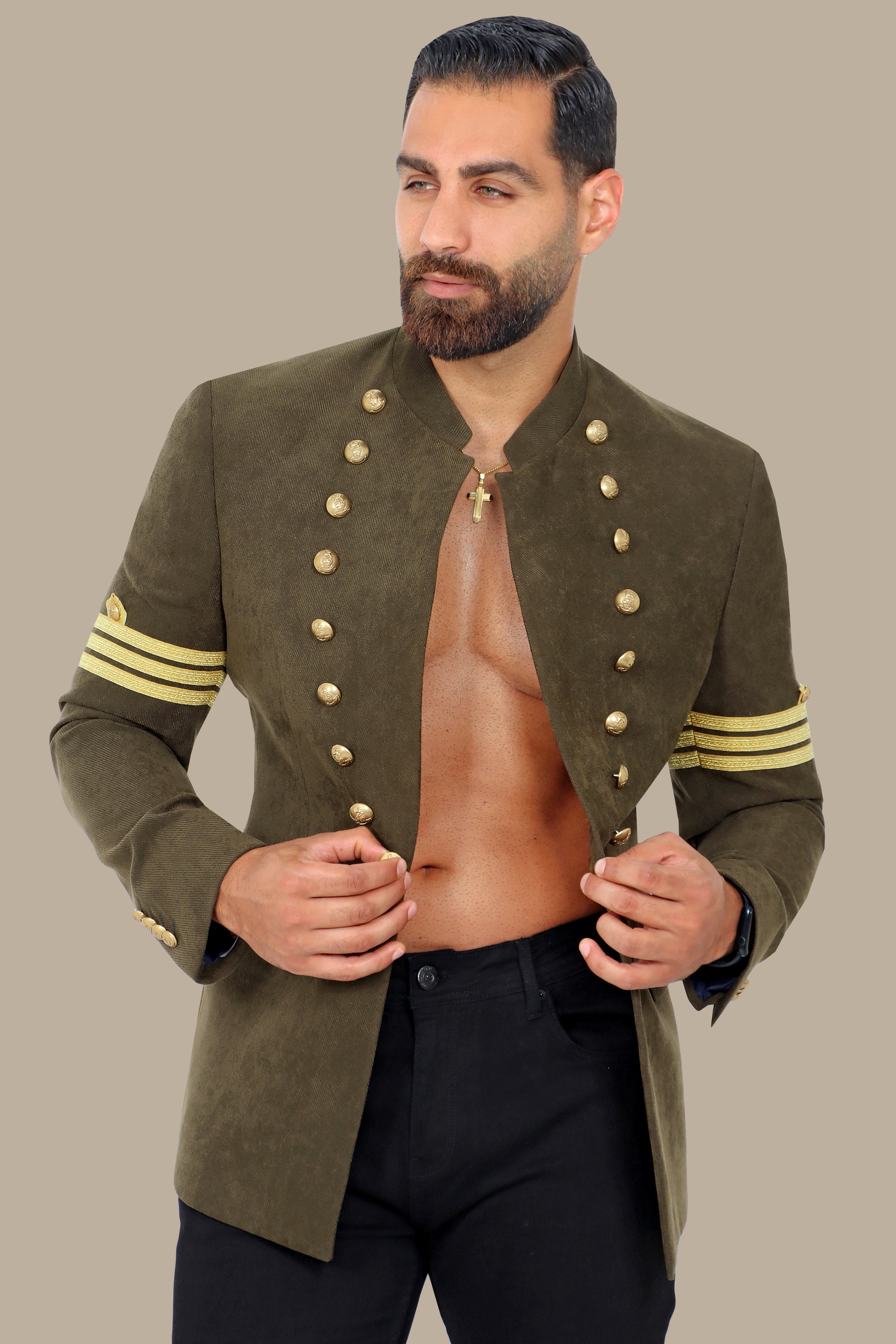 Regal Command: Khaki Military Jacket with Gold Buttons