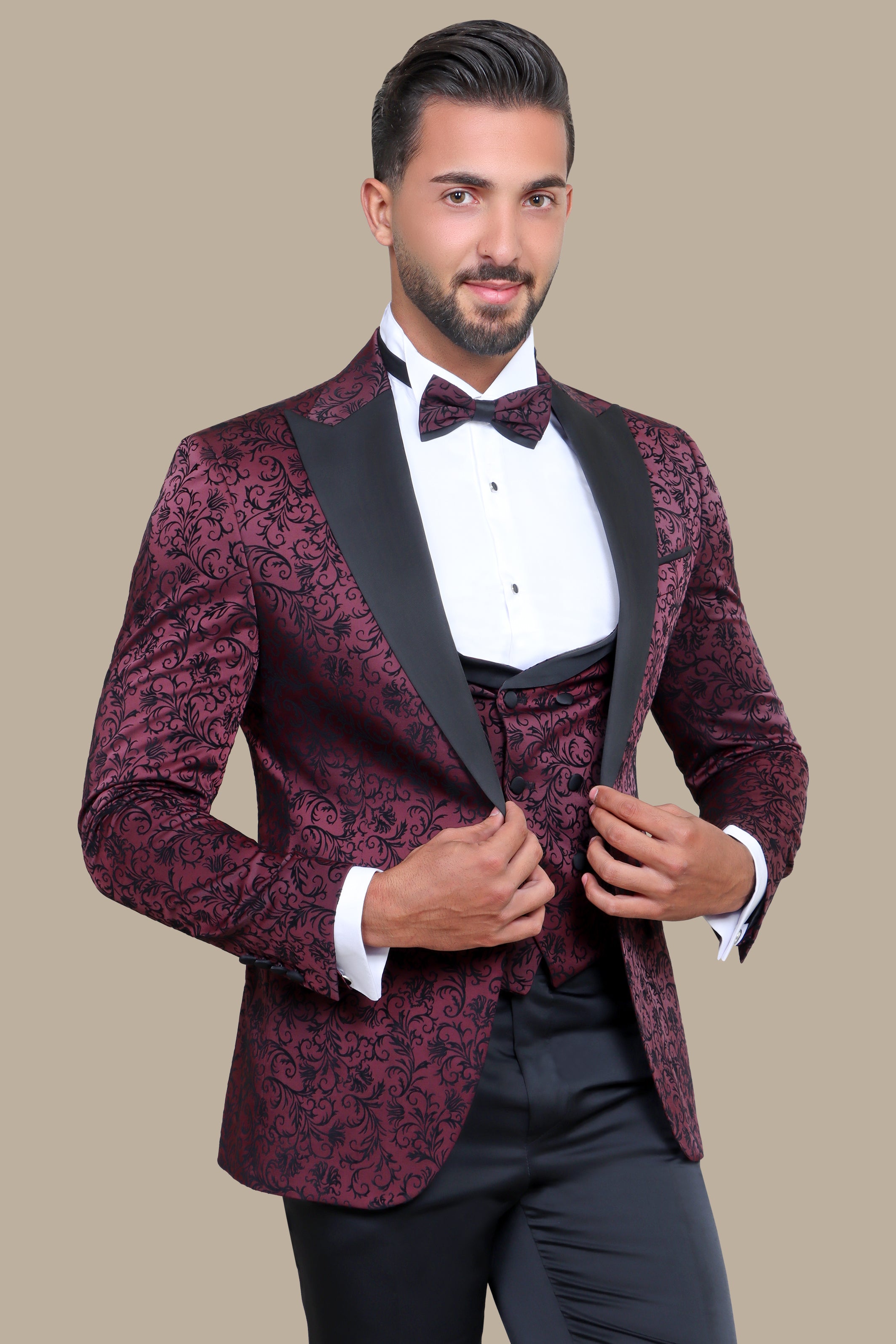 Burgundy Jacquard Leaf Tuxedo – 4 Piece Set