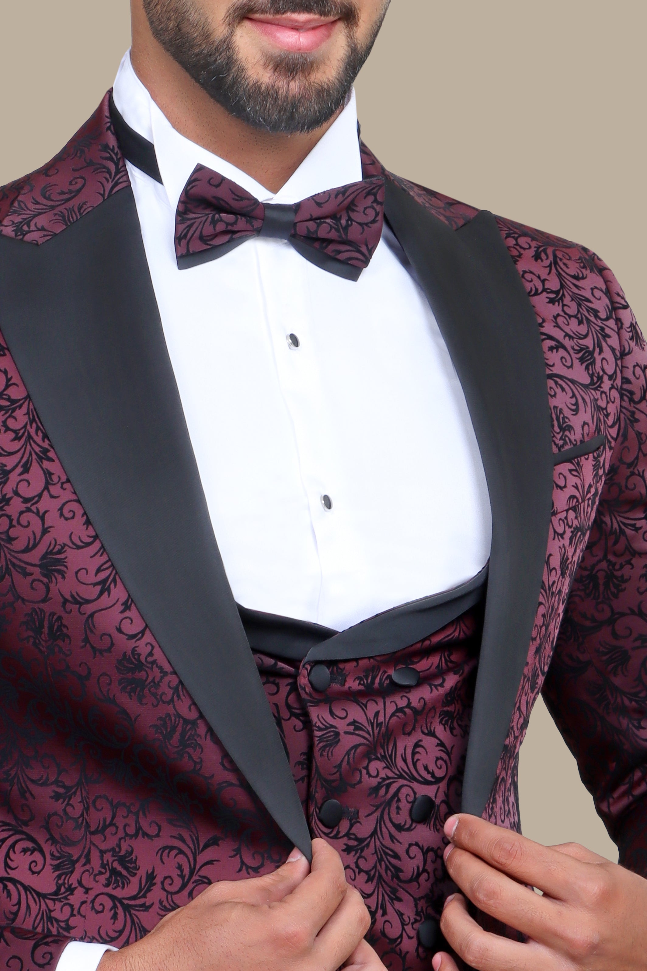 Burgundy Jacquard Leaf Tuxedo – 4 Piece Set