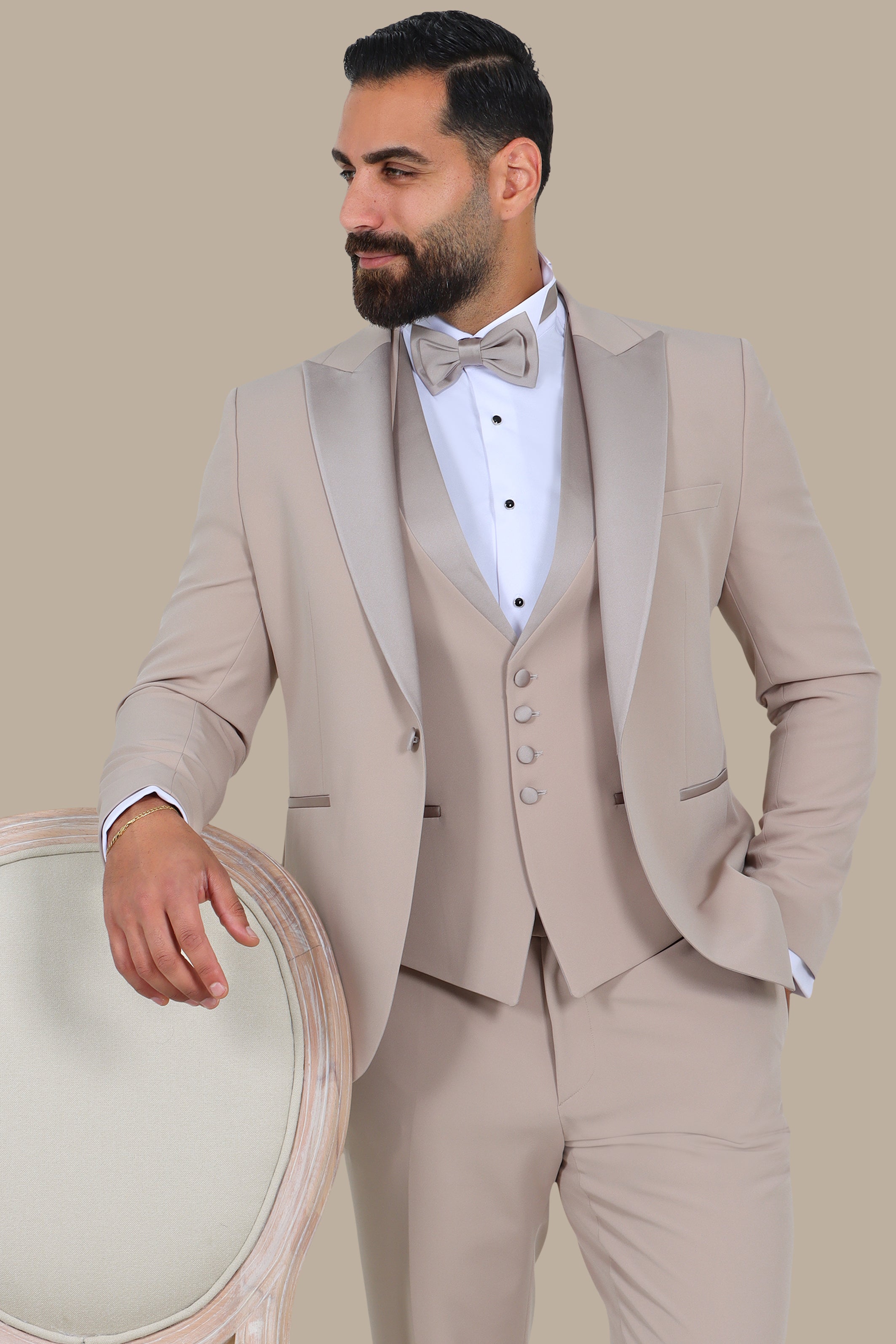 Beige Essence: 4-Piece Peak Lapel Tuxedo