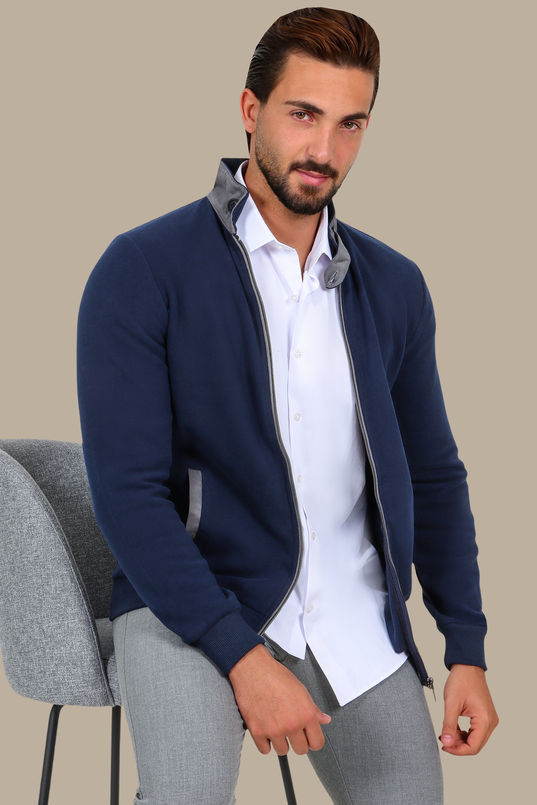 Velvet Full-Zip Cardigan with Buttoned Collar – Navy