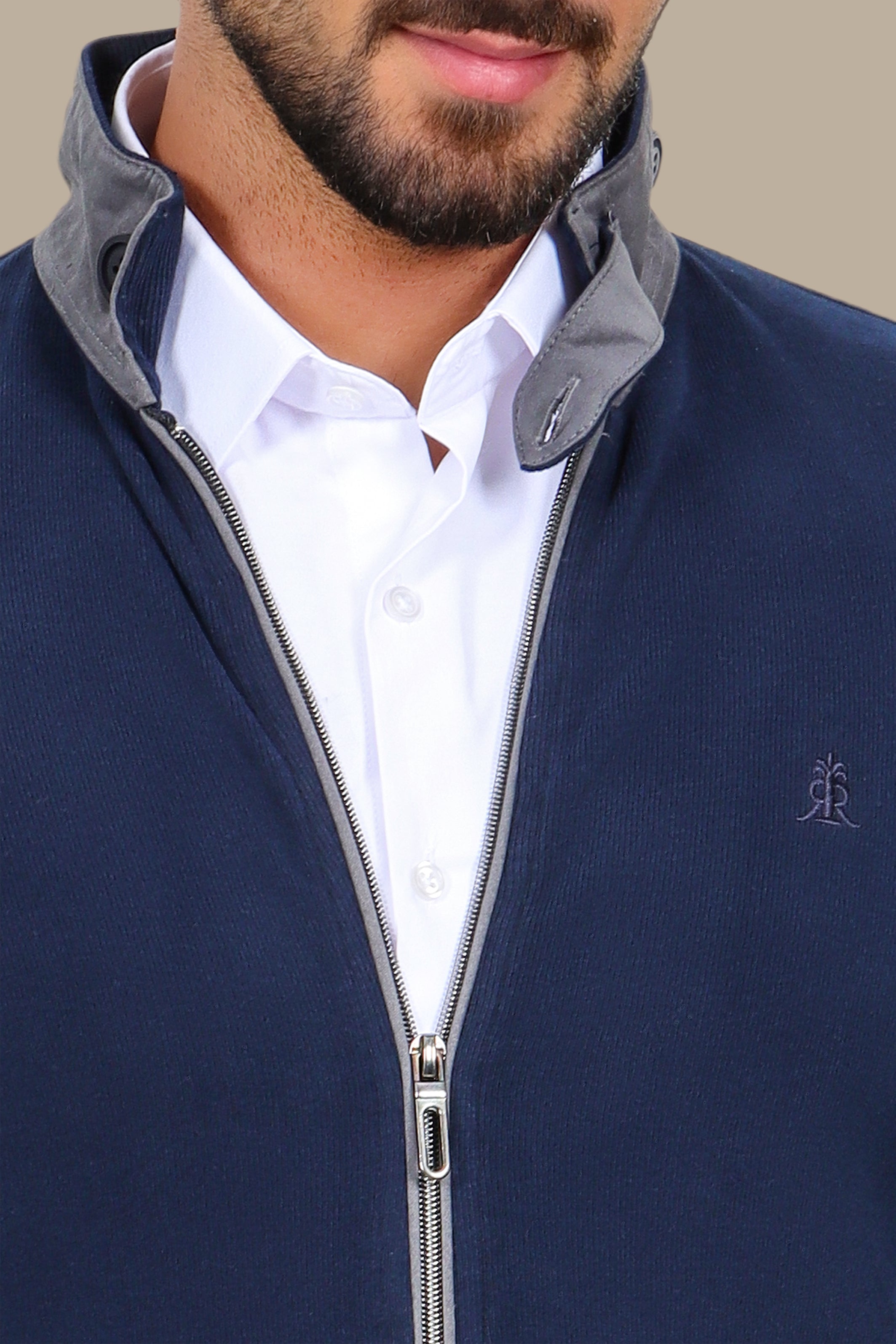Velvet Full-Zip Cardigan with Buttoned Collar – Navy