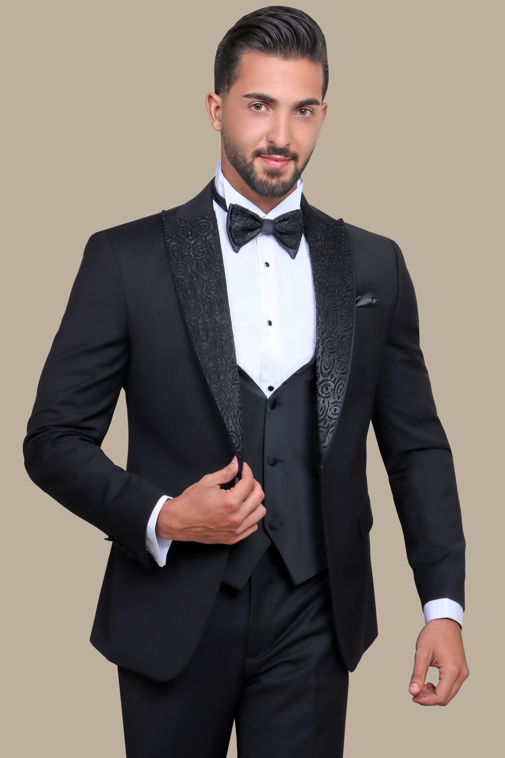 Imperial Noir Elegance: The Black Tuxedo Jacquard Collar 4-Piece Set