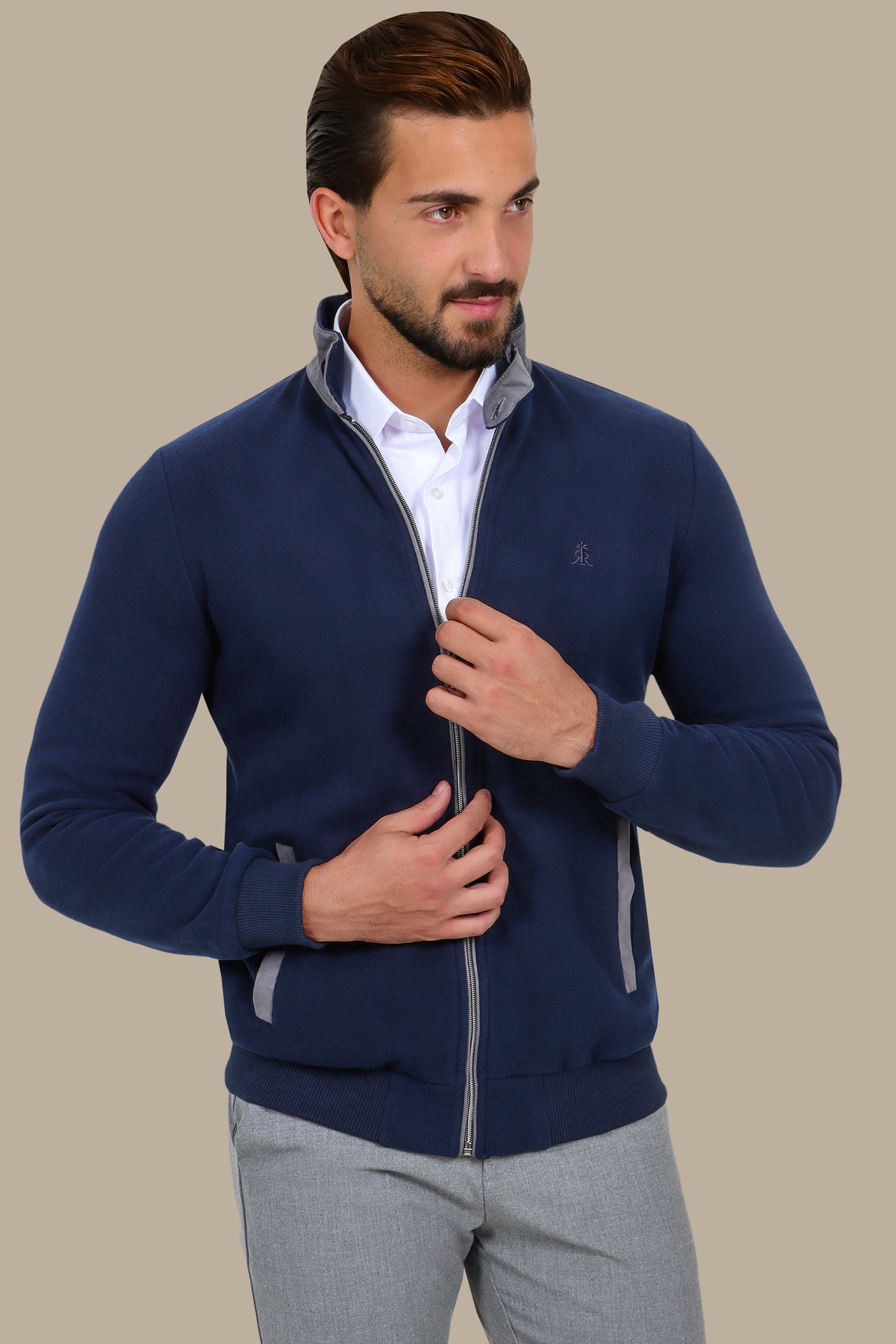 Velvet Full-Zip Cardigan with Buttoned Collar – Navy
