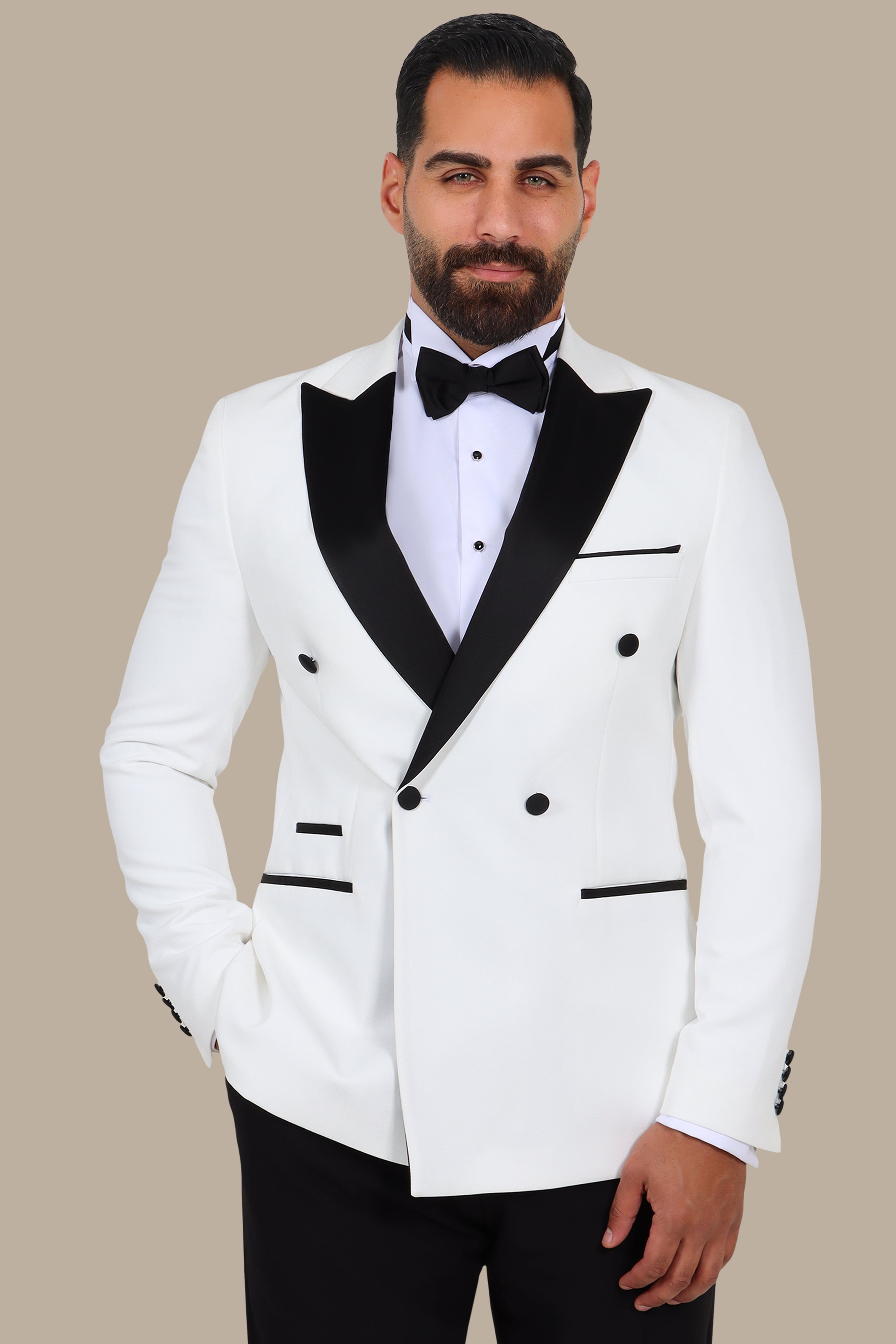 3-Piece Tuxedo Double-Breasted 4-Button Peak Lapel White with Black Satin