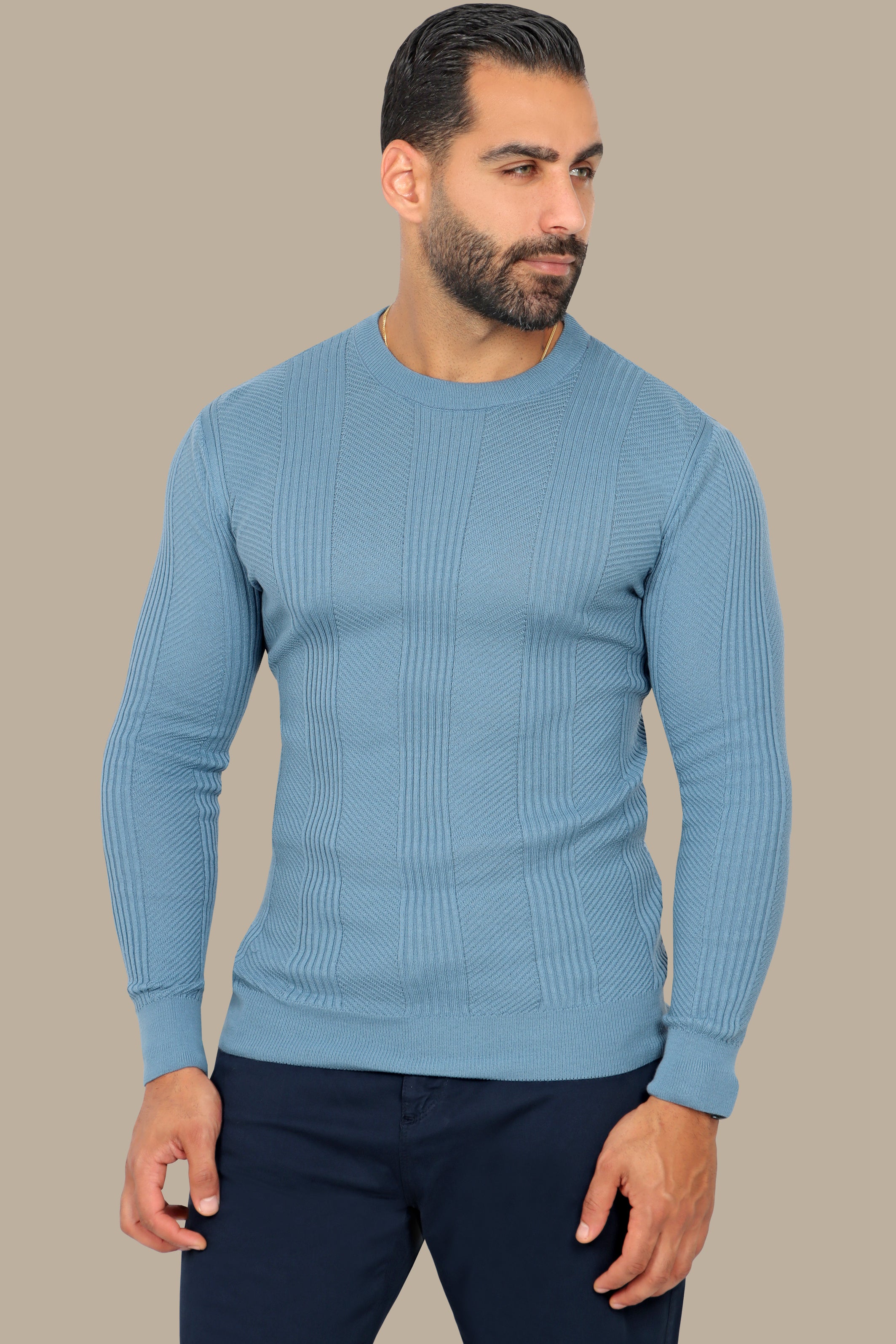 Stylish Design: Light Blue Structured Sweater with Three Wide Lines