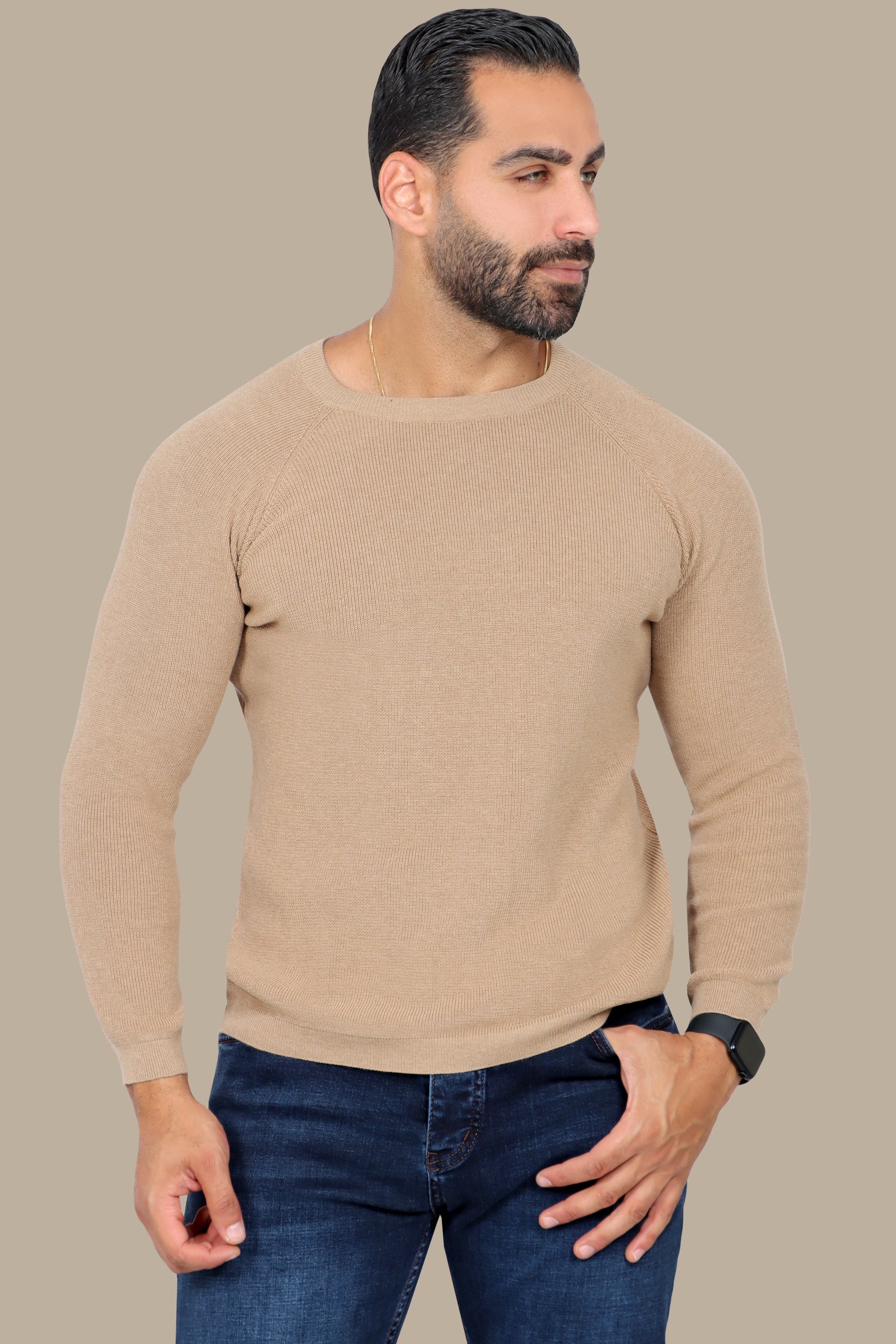 Sophisticated Style: Beige Round Neck Sweater with Shoulder Cups