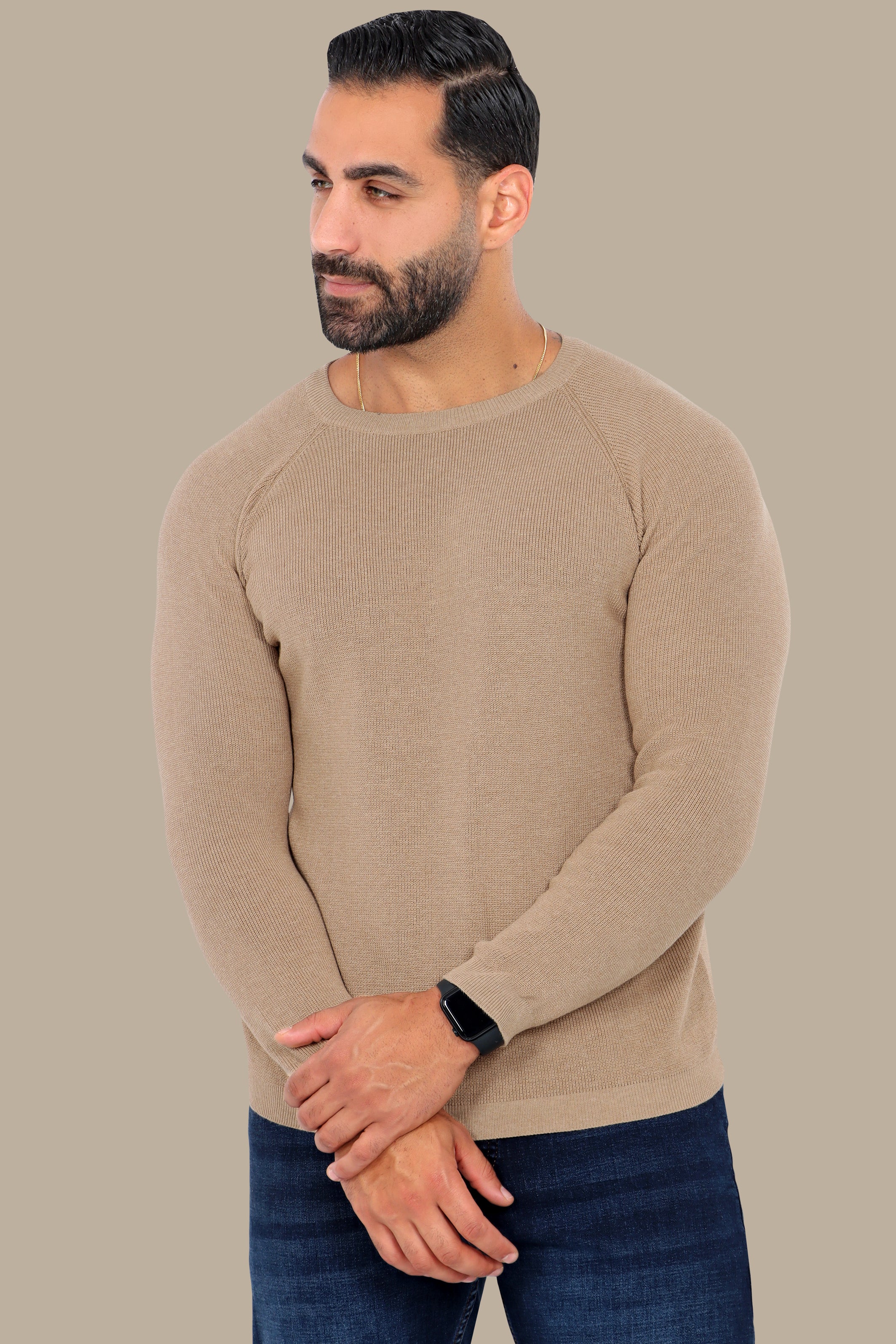 Sophisticated Style: Beige Round Neck Sweater with Shoulder Cups