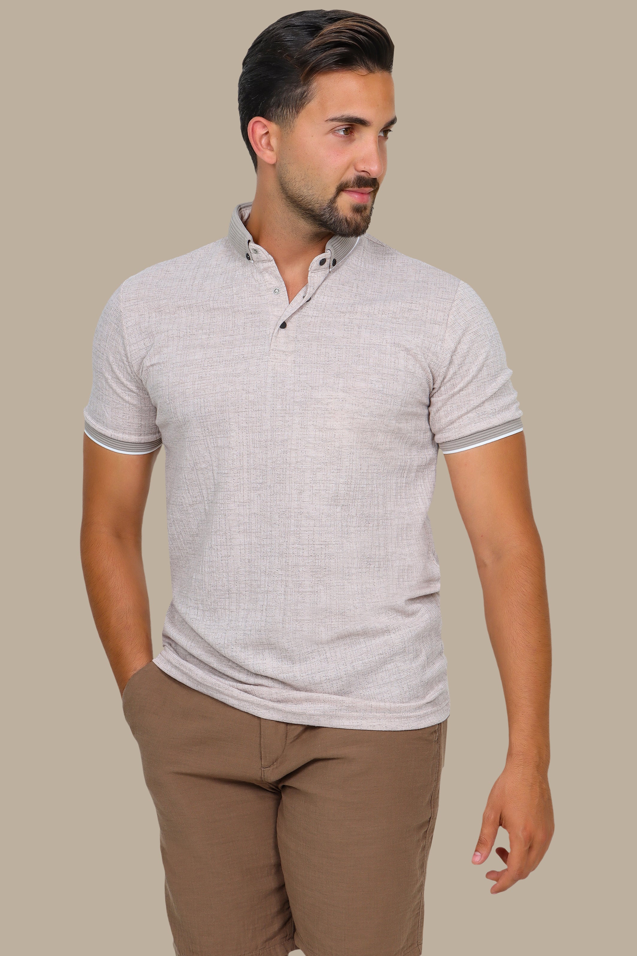 Beige Polo Short Sleeve Structured Button-Down