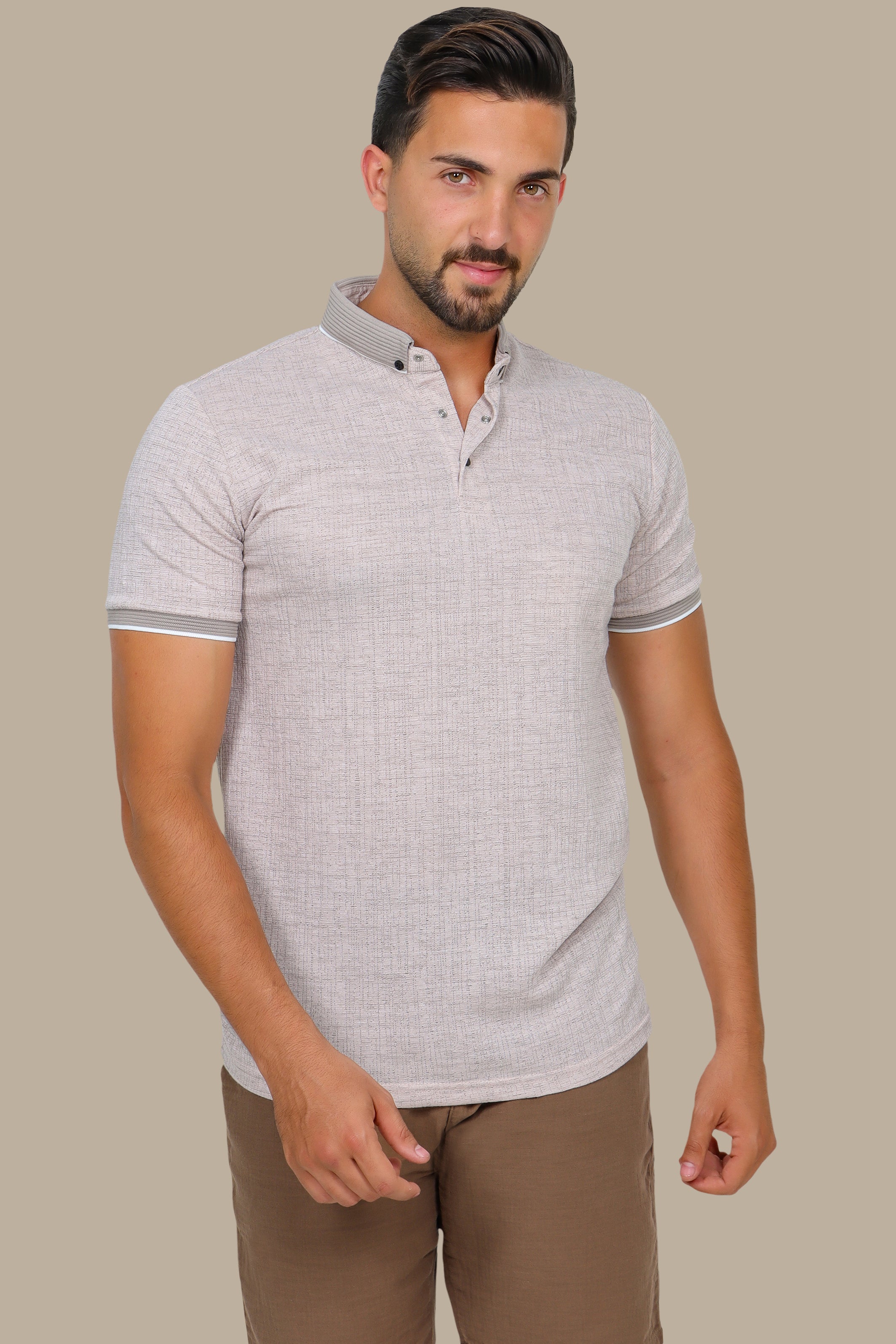 Beige Polo Short Sleeve Structured Button-Down