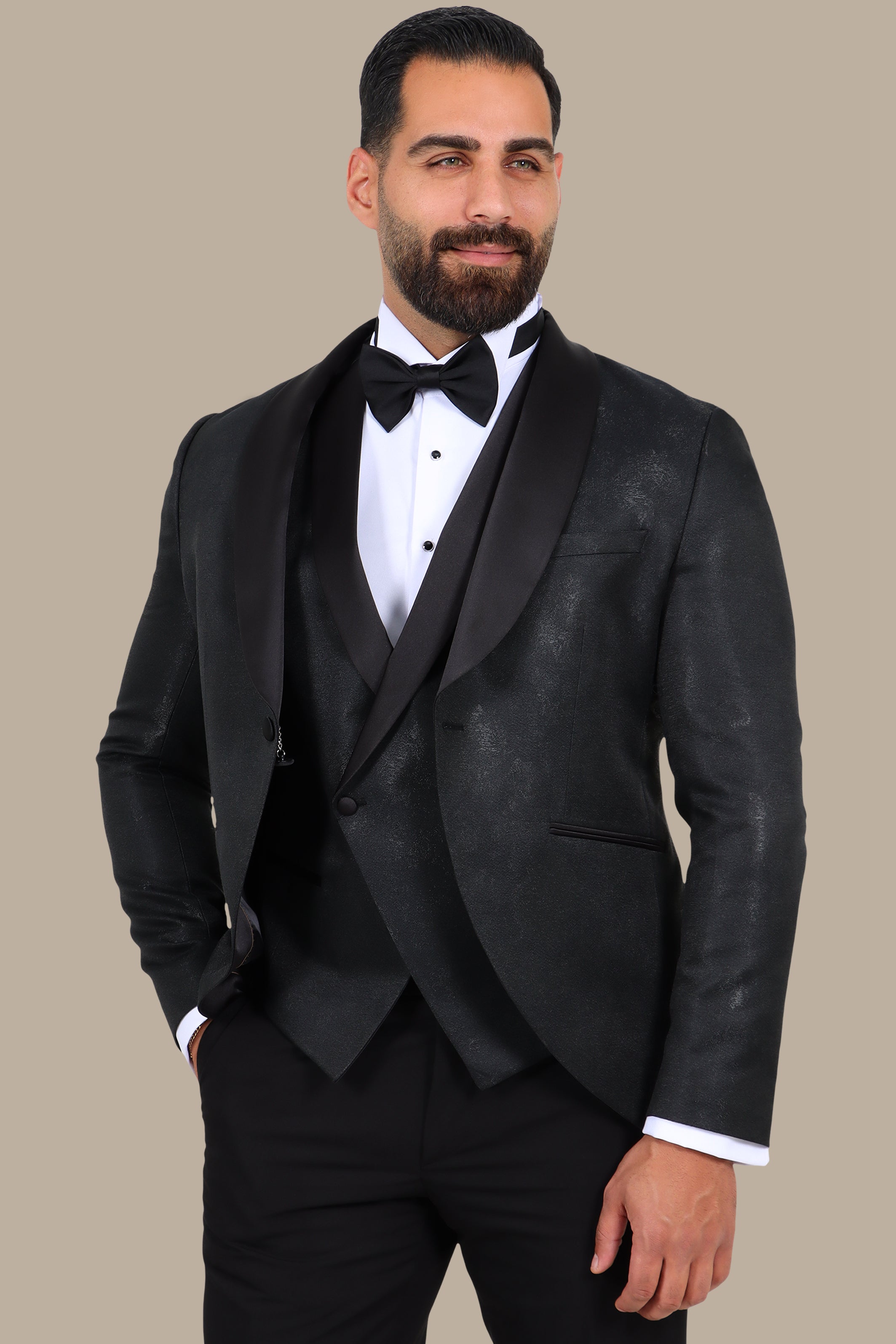 Black 4-Piece Shawl Lapel Tuxedo with Brush Patterns