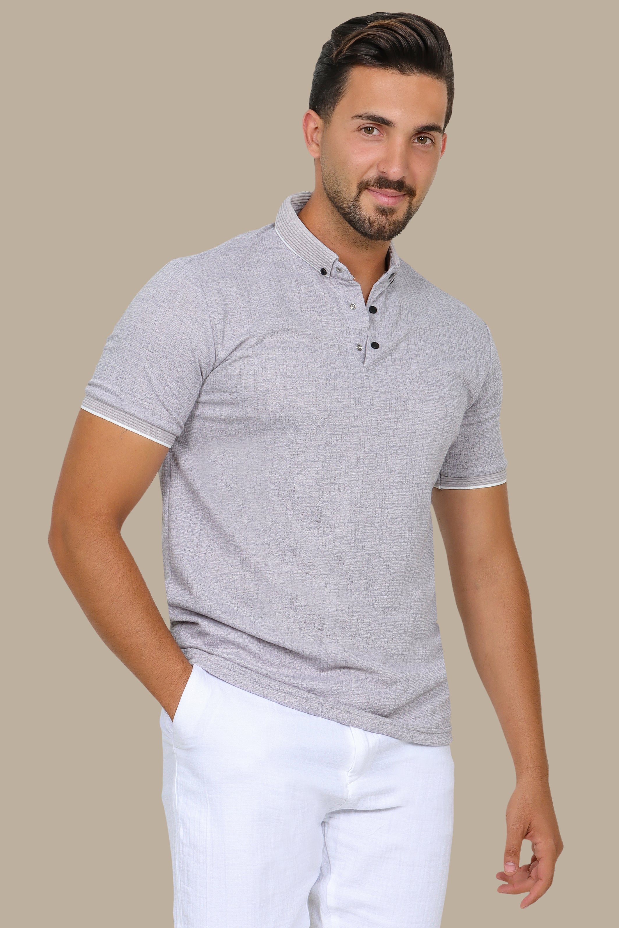 Light Grey Polo Short Sleeve Structured Button-Down