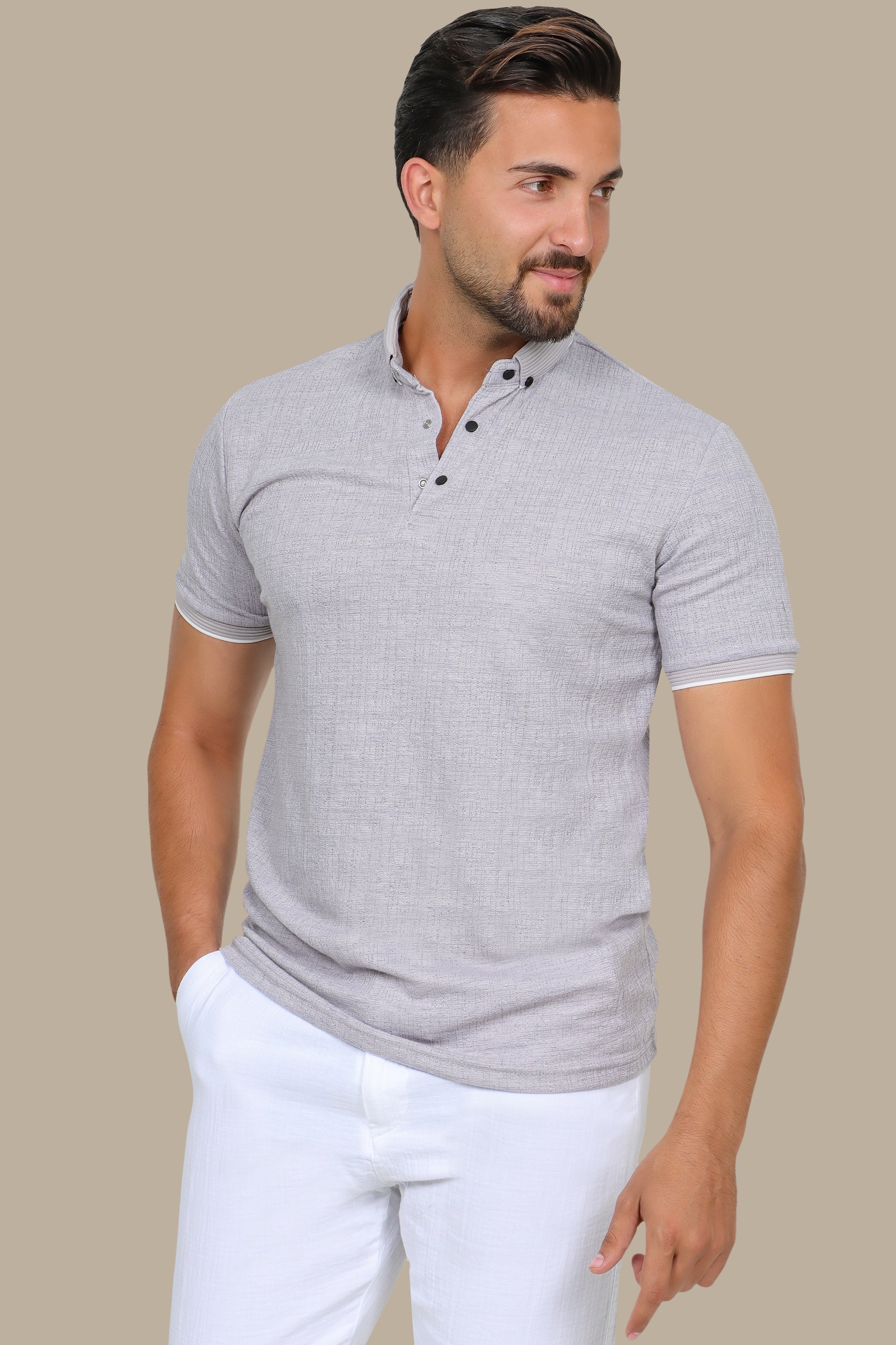 Light Grey Polo Short Sleeve Structured Button-Down