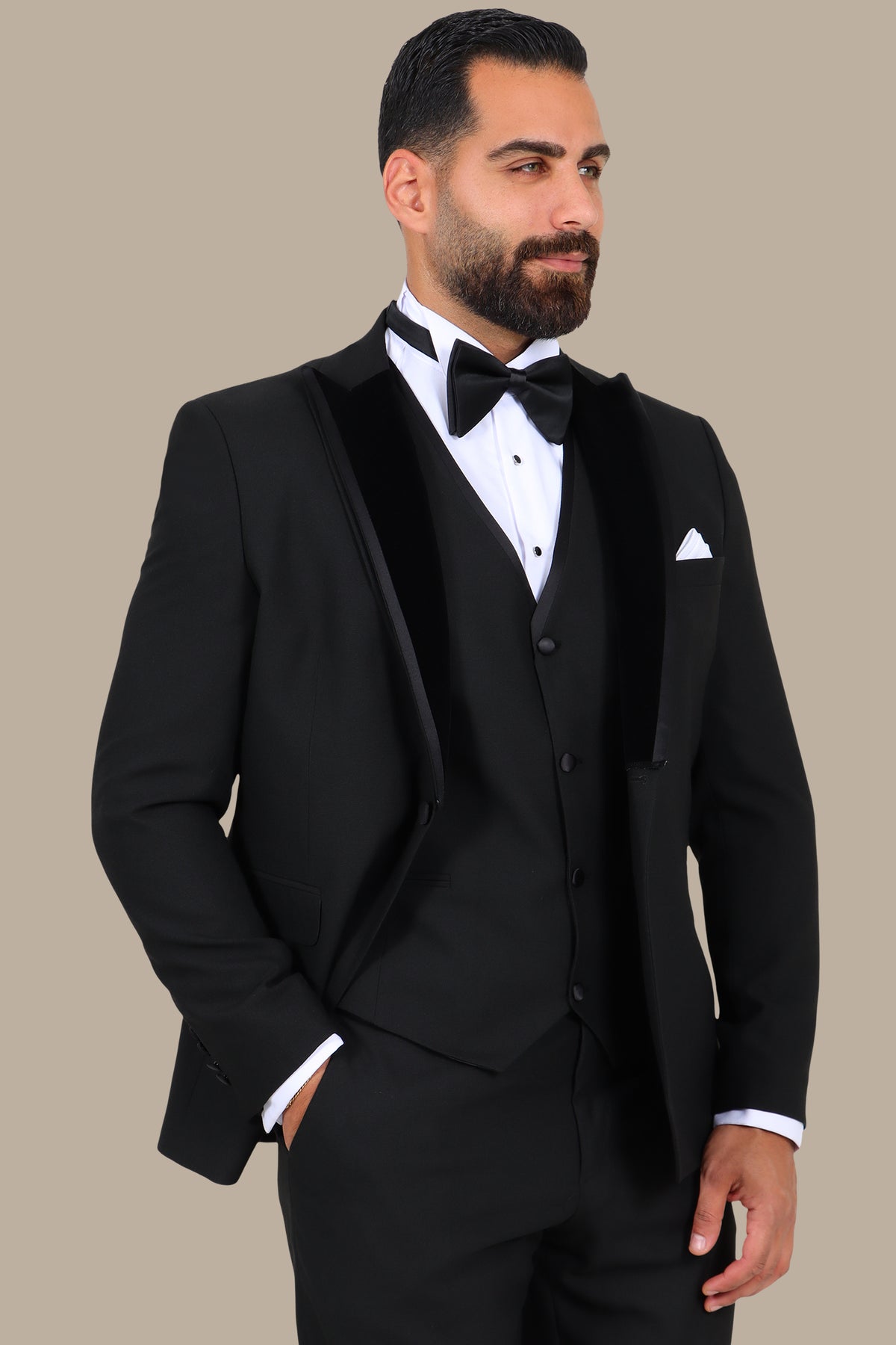 Black 3-Piece Tuxedo with Diamond Pattern Velvet Peak Lapel