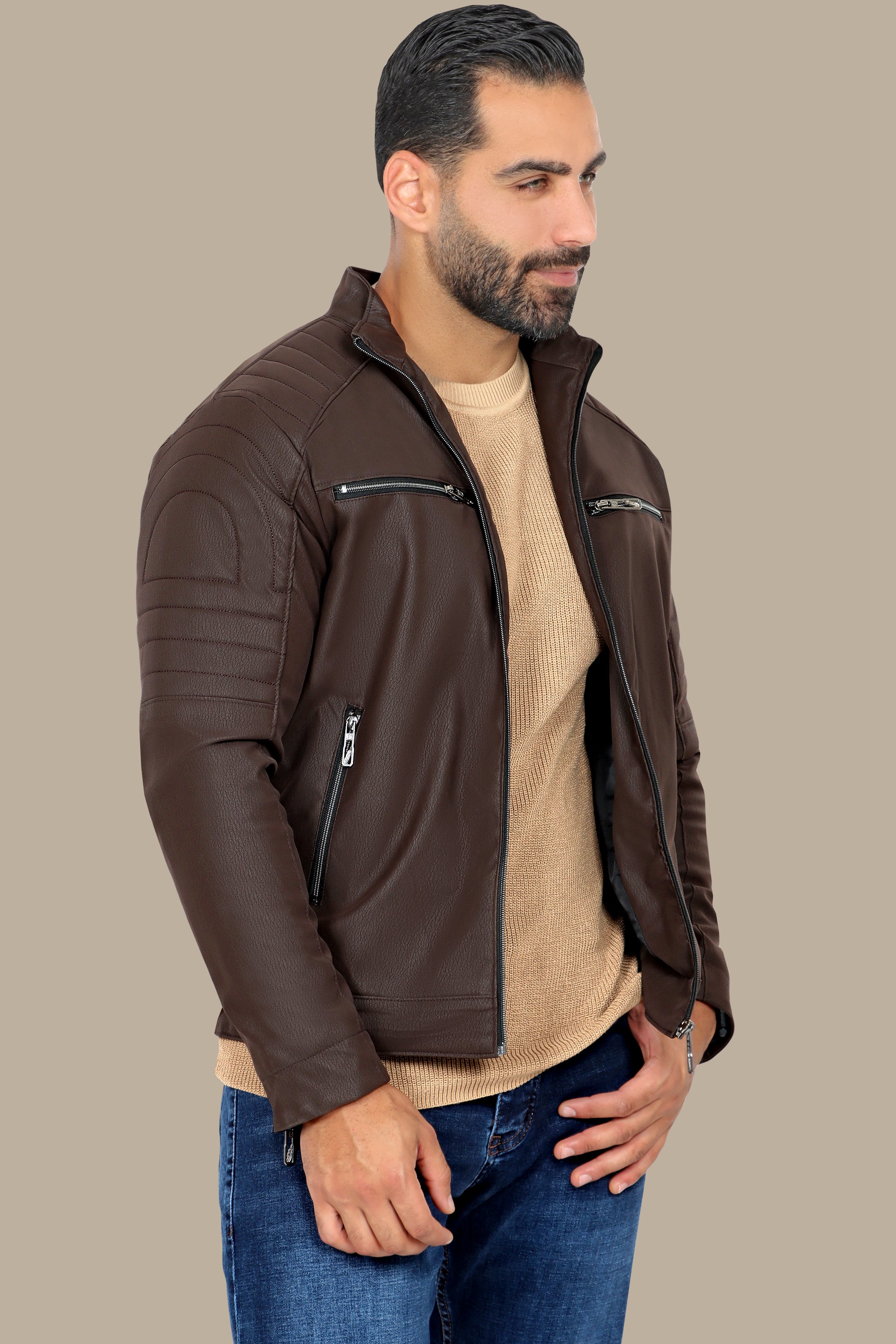 Rugged Elegance: Brown Faux Leather Biker Jacket with Four Zippers