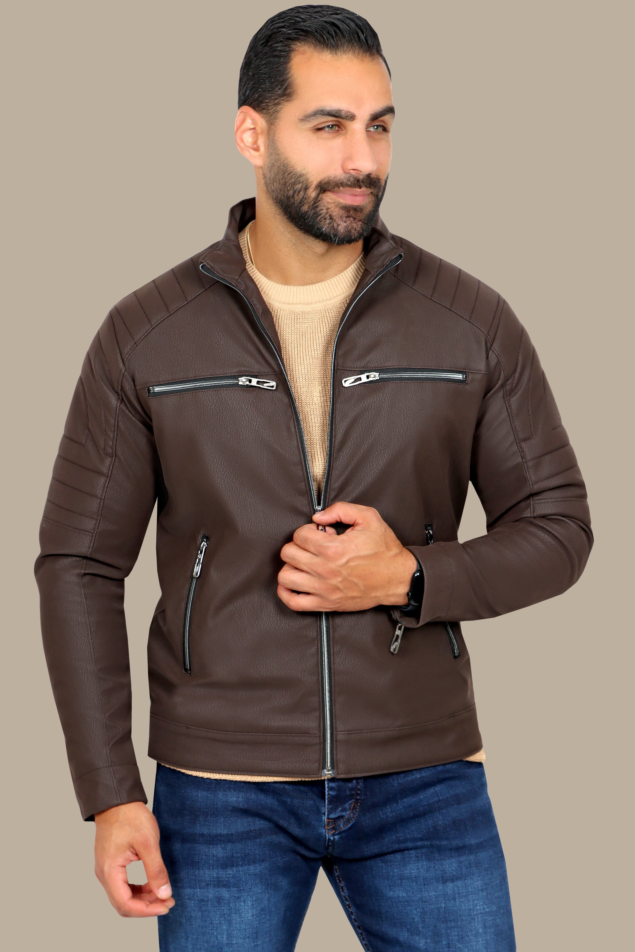 Rugged Elegance: Brown Faux Leather Biker Jacket with Four Zippers