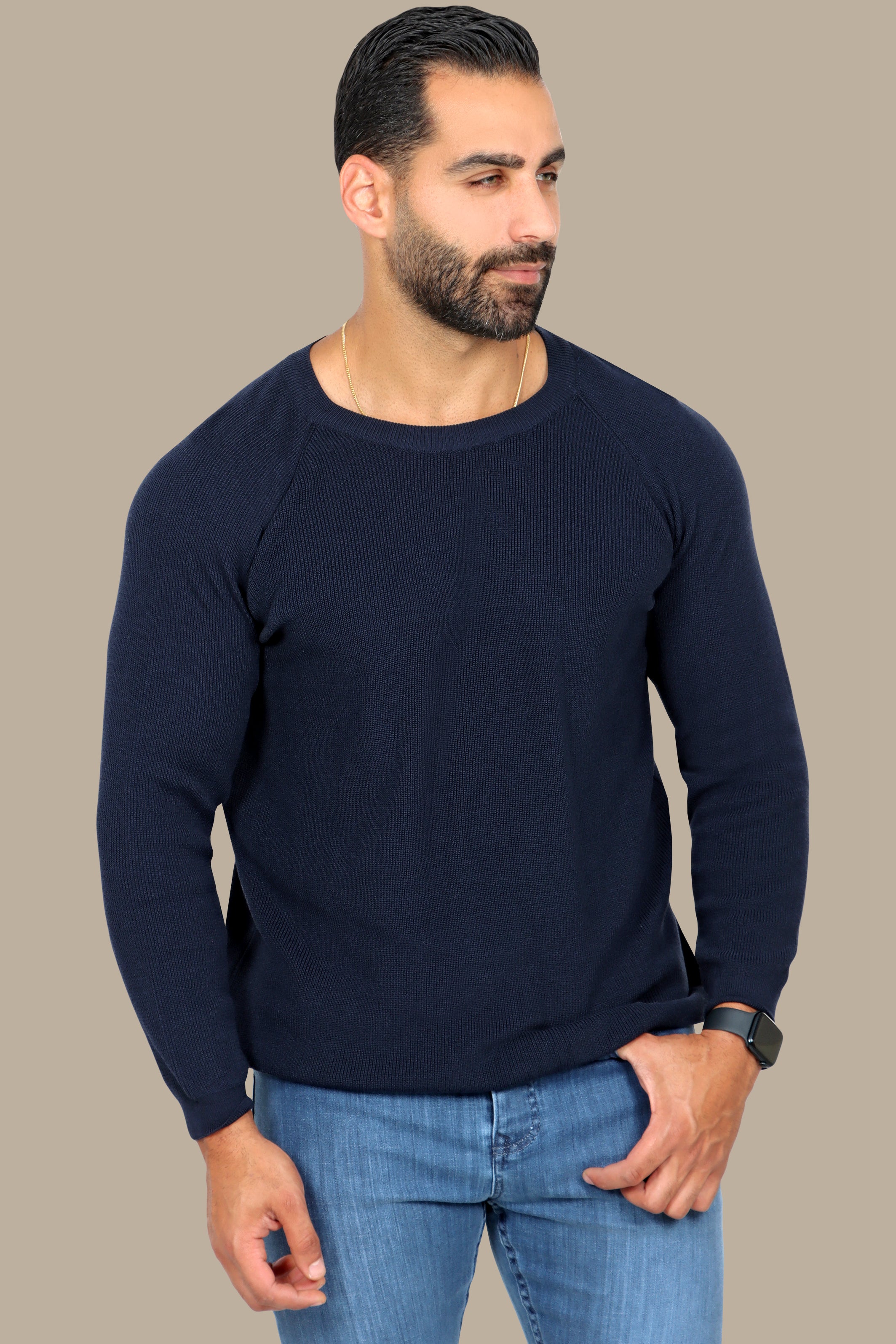 Navy Round Neck Sweater with Shoulder Cup