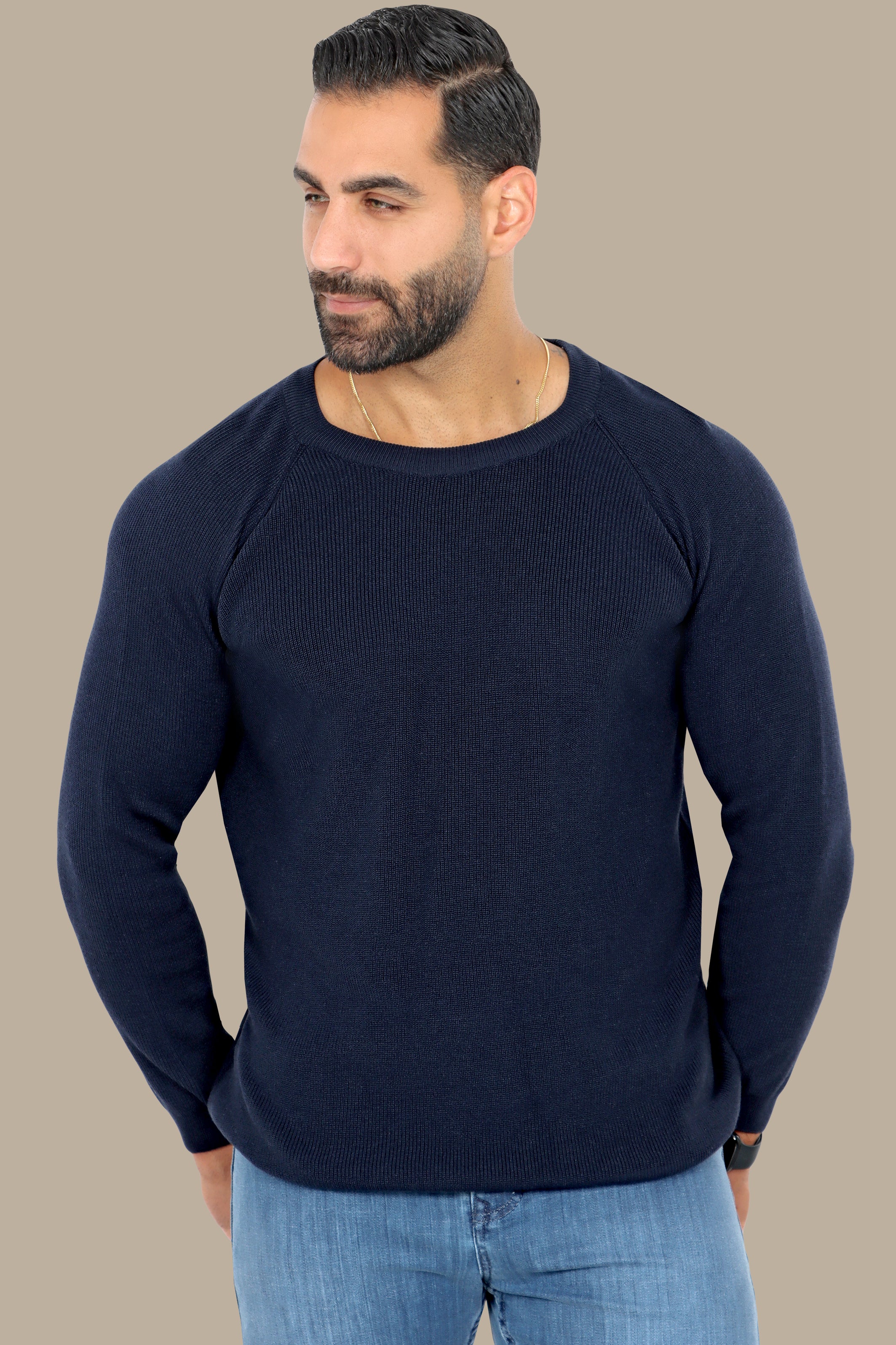 Navy Round Neck Sweater with Shoulder Cup